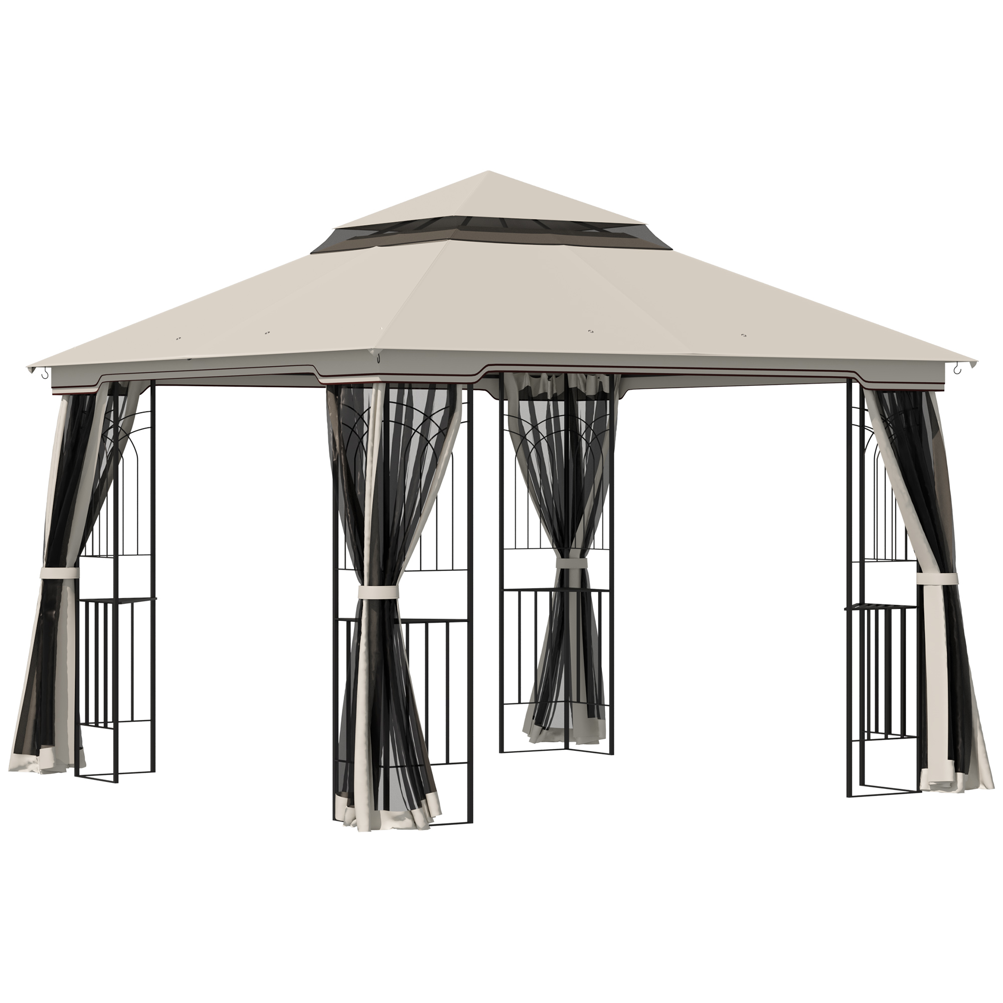 Outsunny Gartenpavillon mit Doppeldach Festzelt Partyzelt 2,99 x 2,99 m mit 4 Seitenwänden aus Metall und Polyester in Beige Aosom.de
