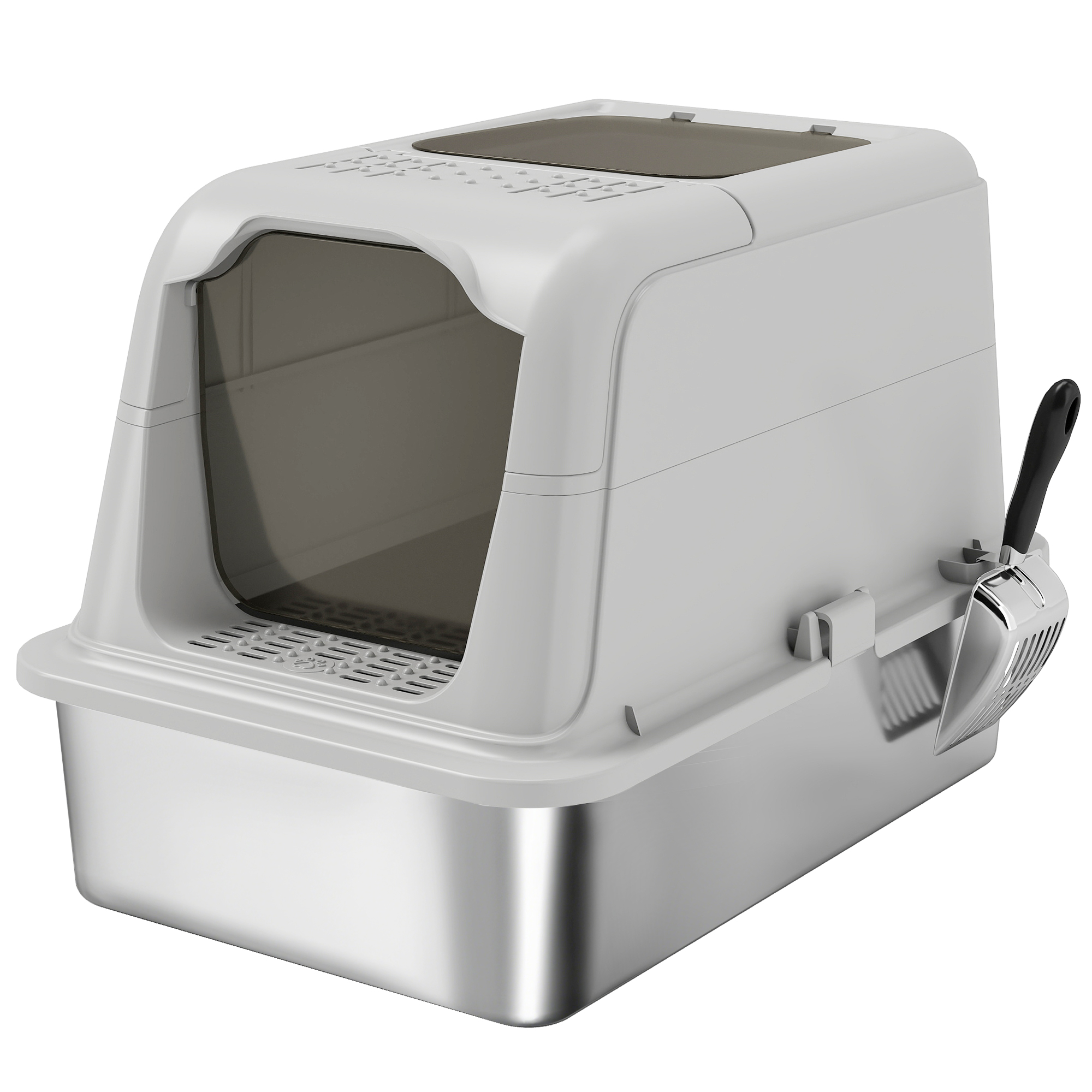Pawhut Light Grey Extra Large Stainless Steel Litter Box, Enclosed Cat Litter Tray With Scoop, Deodorizer Bag, Front-Entry And Top-Exit