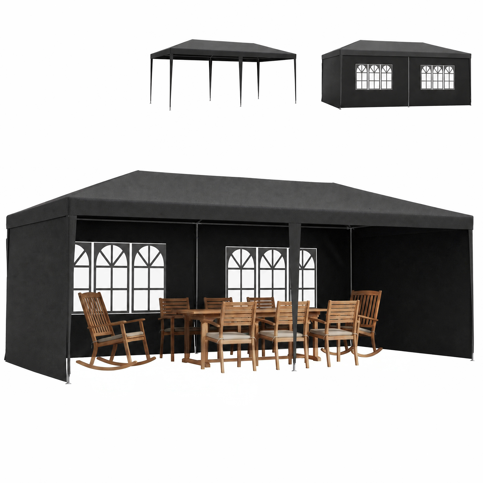 Outsunny 6 x 3 m Party Tent Gazebo Marquee Outdoor Patio Canopy Shelter with Windows and Side Panels, Dark Grey