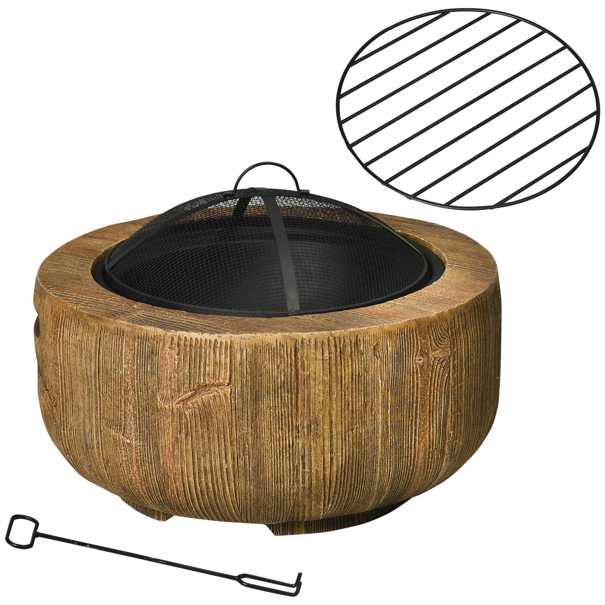 Outsunny Feuerschale Feuerstelle mit Deckel und Schürhaken im Baumstumpf-Design für Garten Camping Terrasse aus Stahl MgO Braun Aosom.de