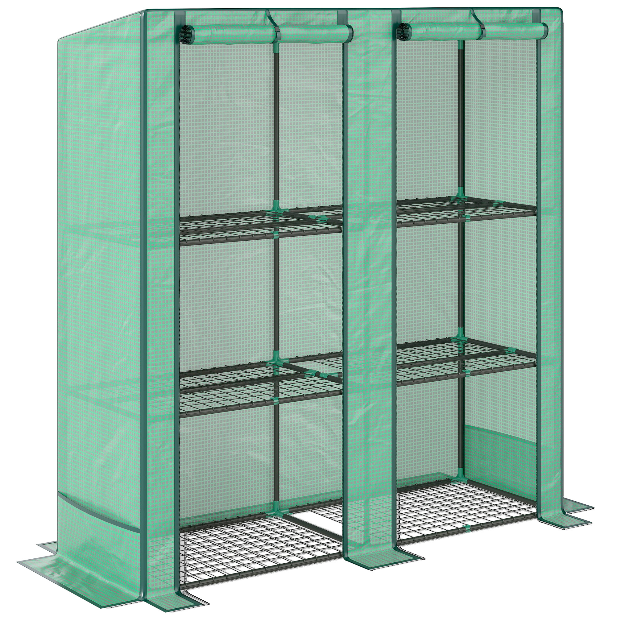 Outsunny Mini-kas met 3-laags rek, kunststof afdekking, UV-bestendig, draagbaar, oprolbare deur, 144 x 48 x 152 cm, Groen
