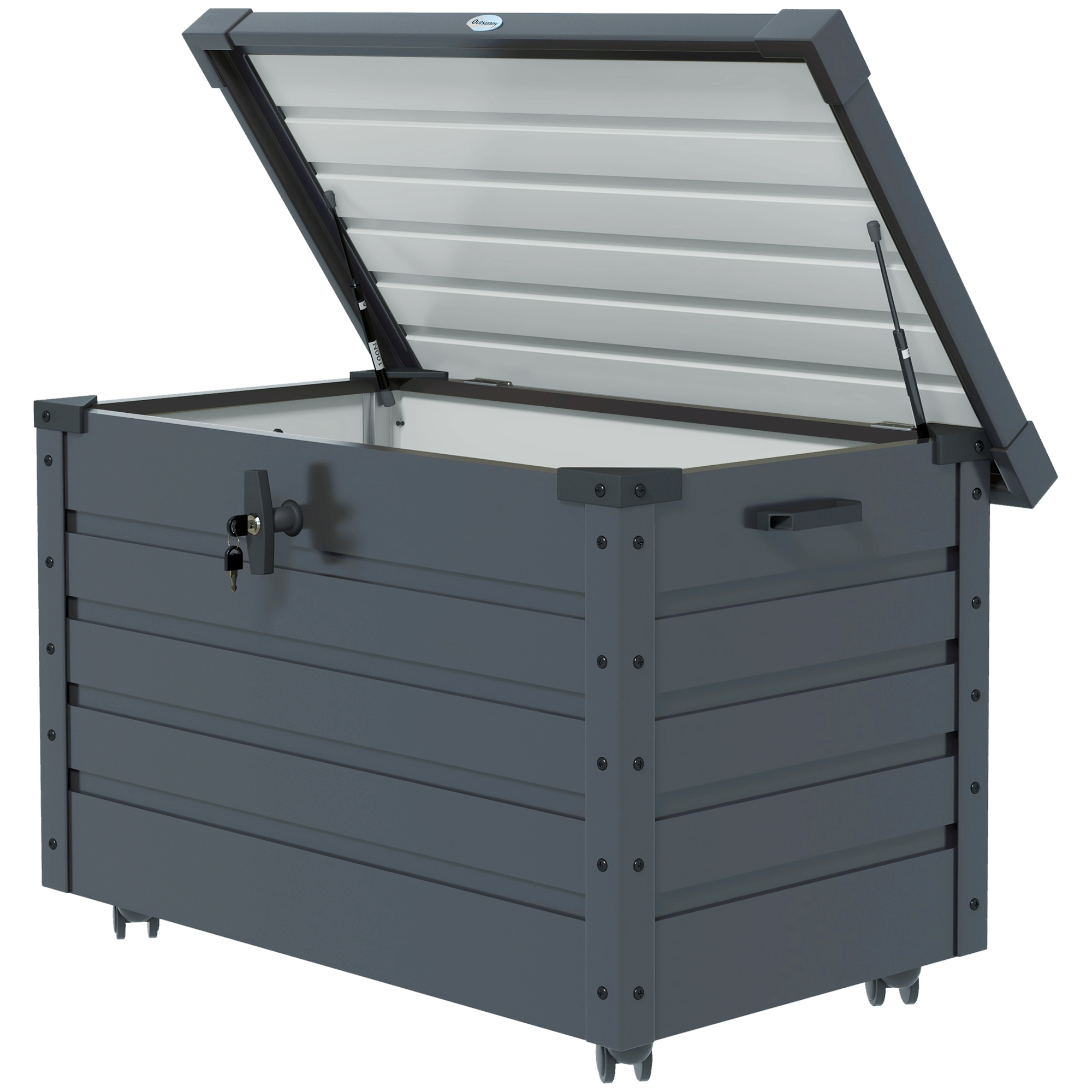 Outsunny Gartenbox, Aufbewahrungsbox mit Rollen, Aufbewahrungskiste mit Schloss, Griff, Gartentruhe für Balkon, Terrasse 100 x 62 x 65 cm, Dunkelgrau Aosom