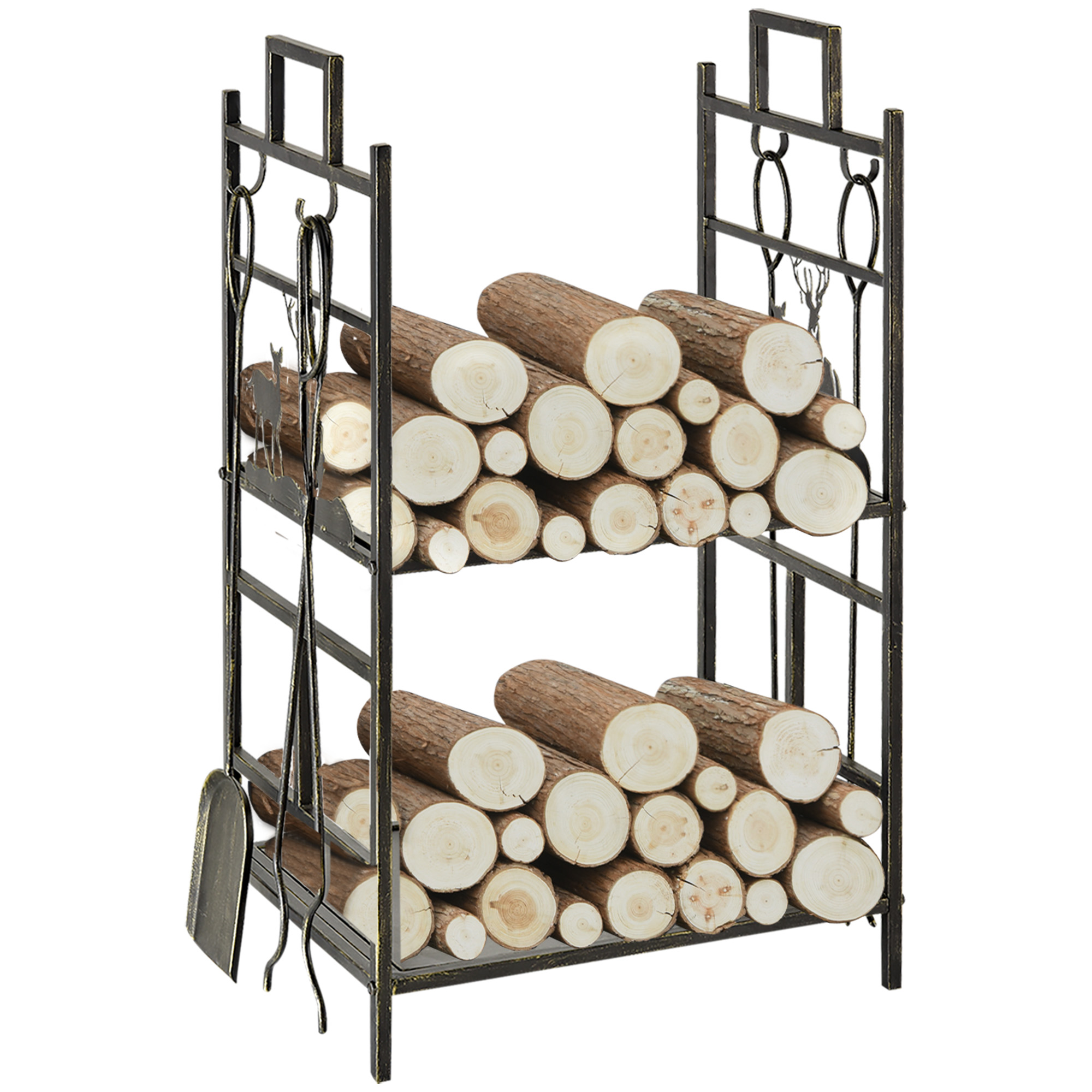 Outsunny Soporte para Leña de Metal con 4 Herramientas y Asas para Interior y Exterior 51,5x33x77 cm Negro Dorado | Aosom España