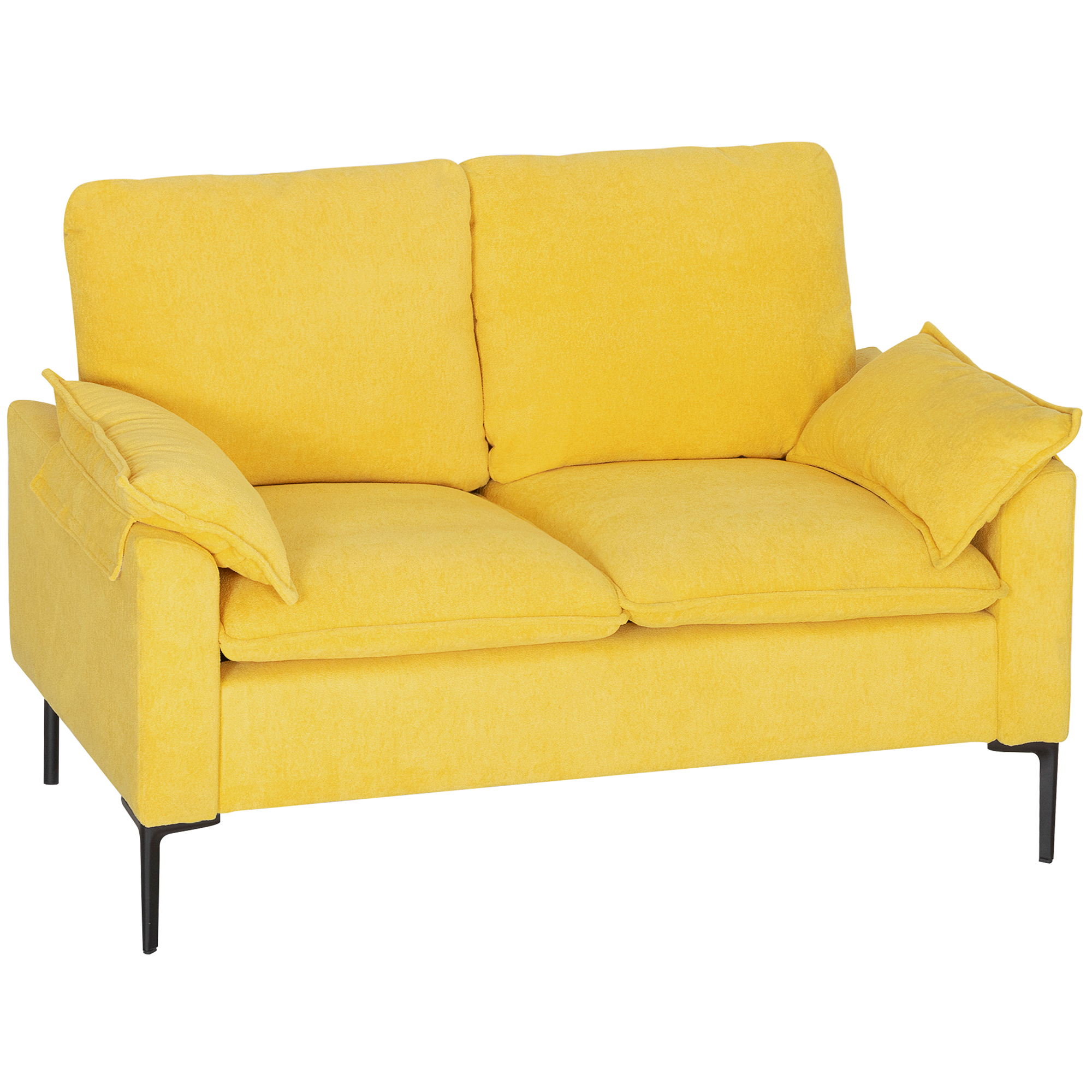 HOMCOM Divan cu Două Locuri Îmbunătățit în Material Textil de Tip Spugna cu Perne Detașabile Divan Compact Modern cu Brațe și Picioare Metalice pentru Sufragerie Dormitor 130x77x84 cm Galben | Aosom Romania