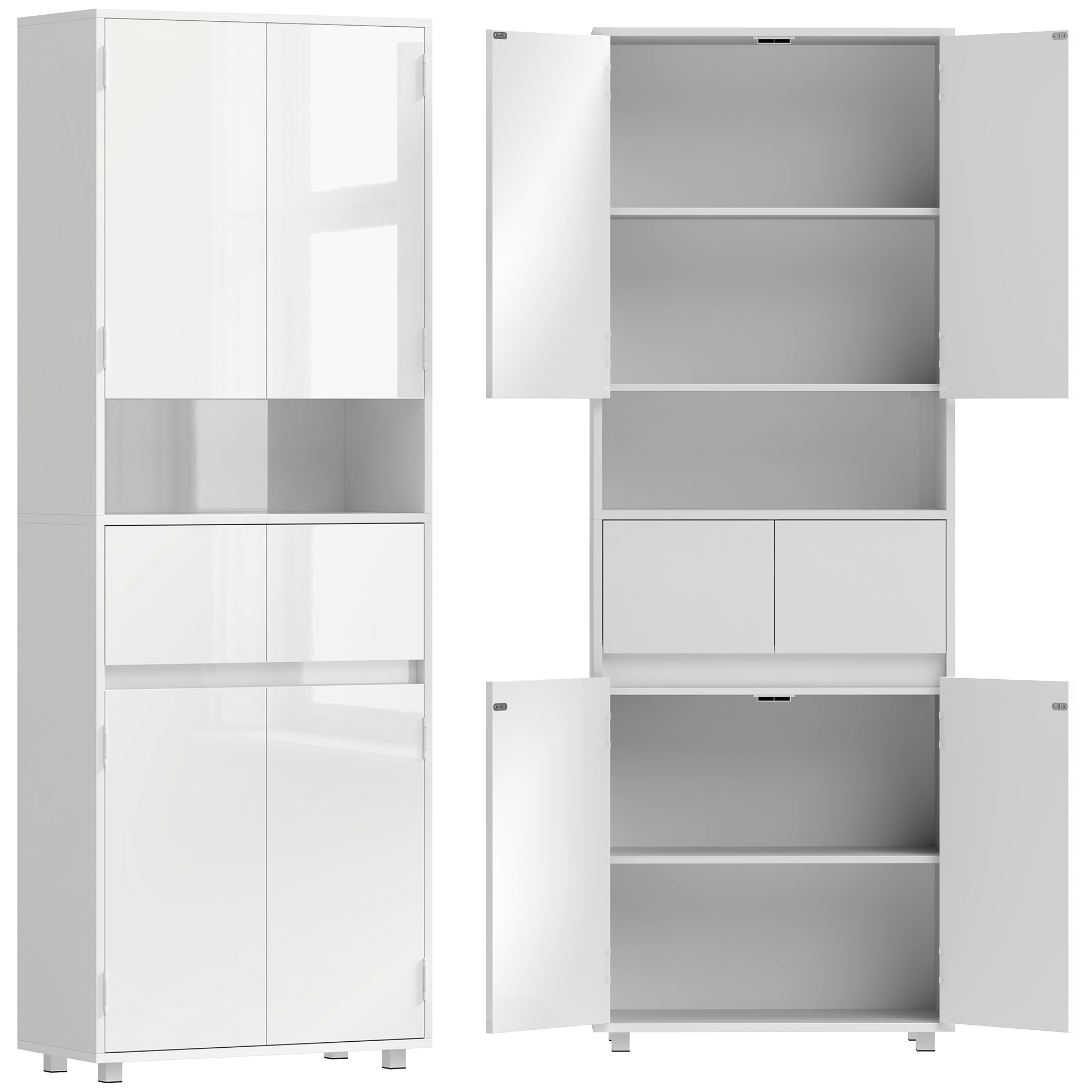 HOMCOM Hoher Slim-Badeschrank 170 cm, platzsparender Badezimmerschrank mit 2 Schranktüren, 2 Schubladen, offenem Fach und verstellbaren Einlegeböden, für Waschküche/Wohnzimmer, modern, 60x30x170 cm, Hochglanzweiß Aosom