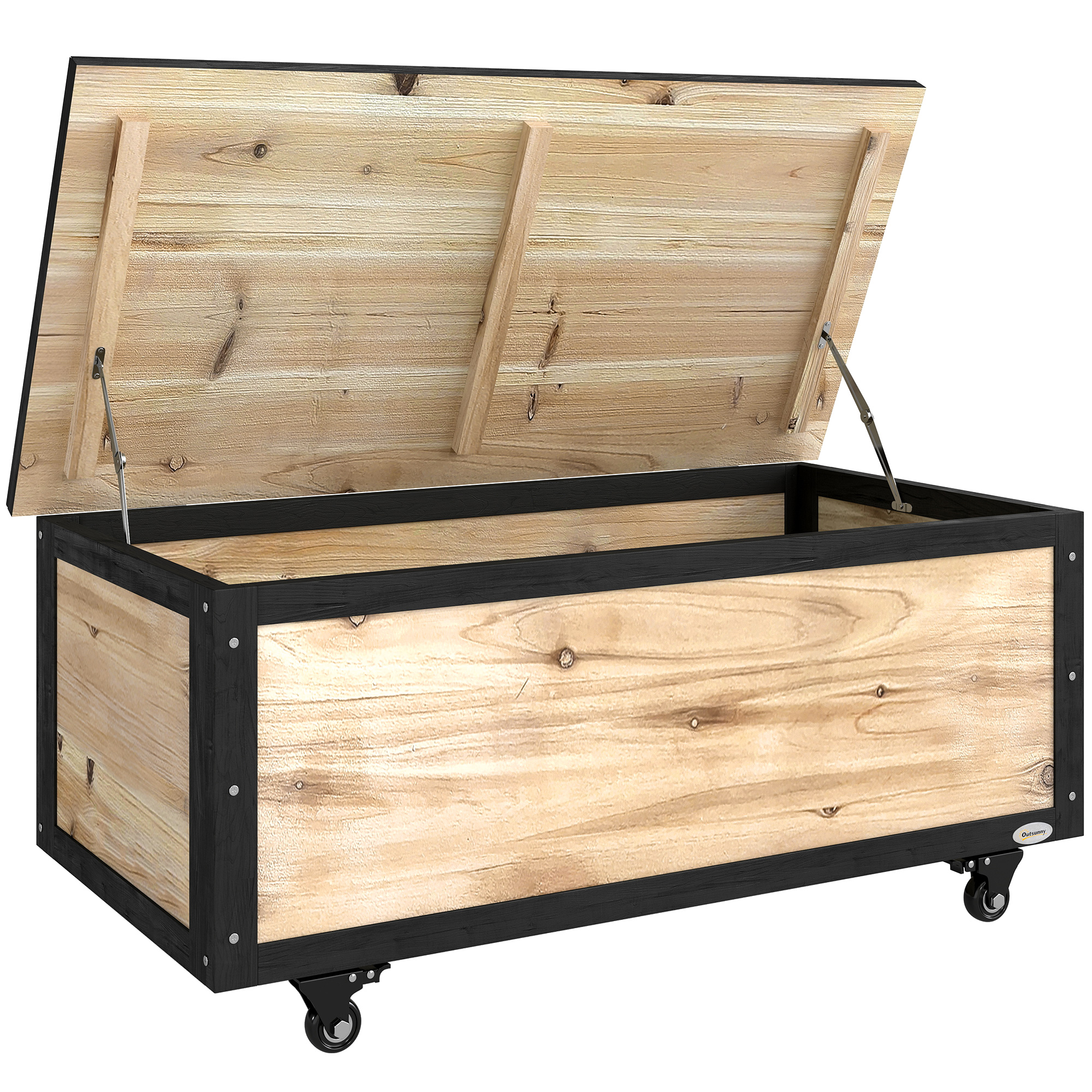 Outsunny Gartenbox Holz Auflagenbox 121L Aufbewahrungsbox mit Rollen, Wetterbeständige Aufbewahrungskiste für Balkon, Terrasse, Natur Aosom