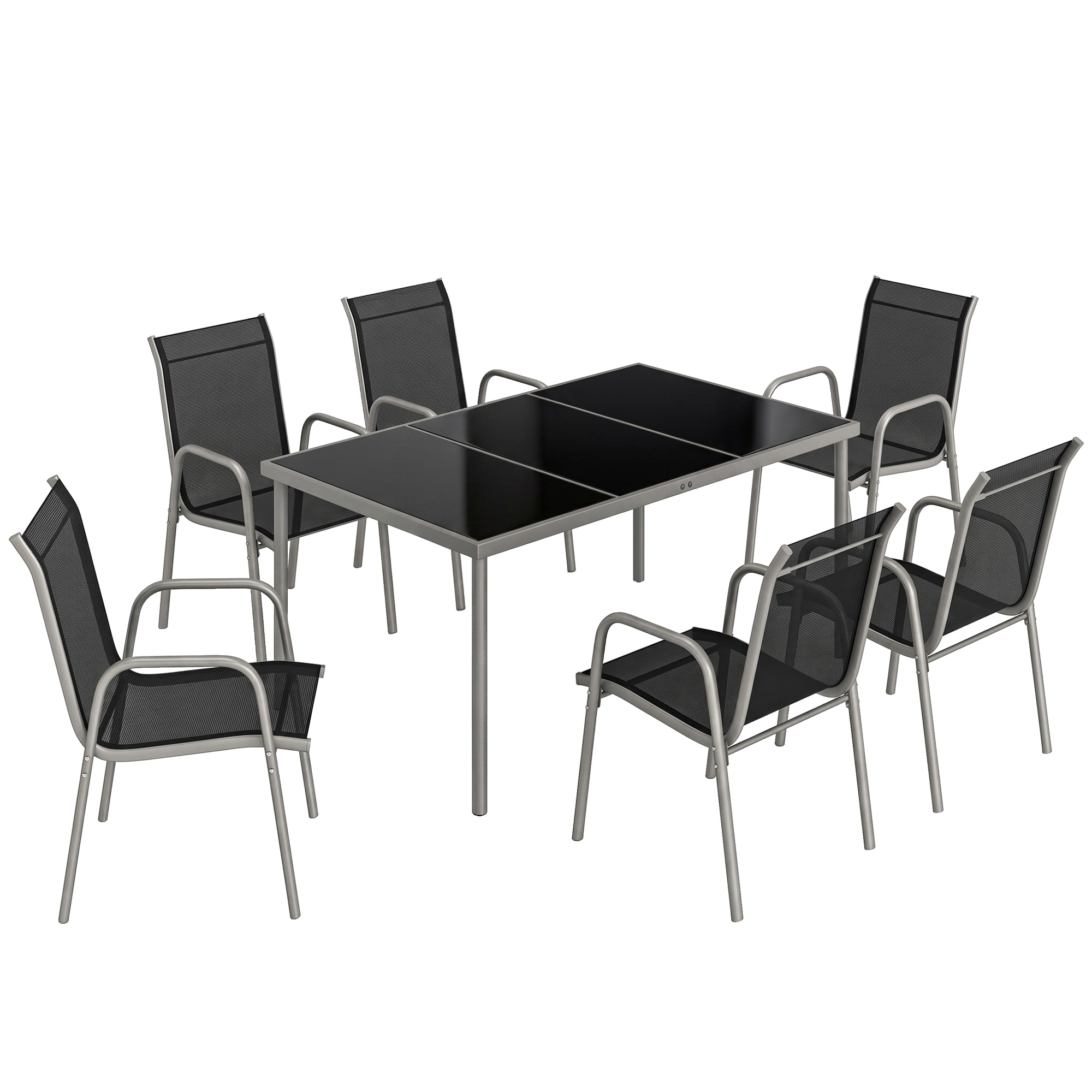 Outsunny Gartenmöbel Set Sitzgruppe 7-teilig 150 x 90cm Tisch mit 6 Atmungsaktiven Stühlen Sicherheitsglas Tischplatte, wetterfest Essgruppe Gartenset Gartengarnitur für Garten Balkon Terrasse Schwarz Aosom