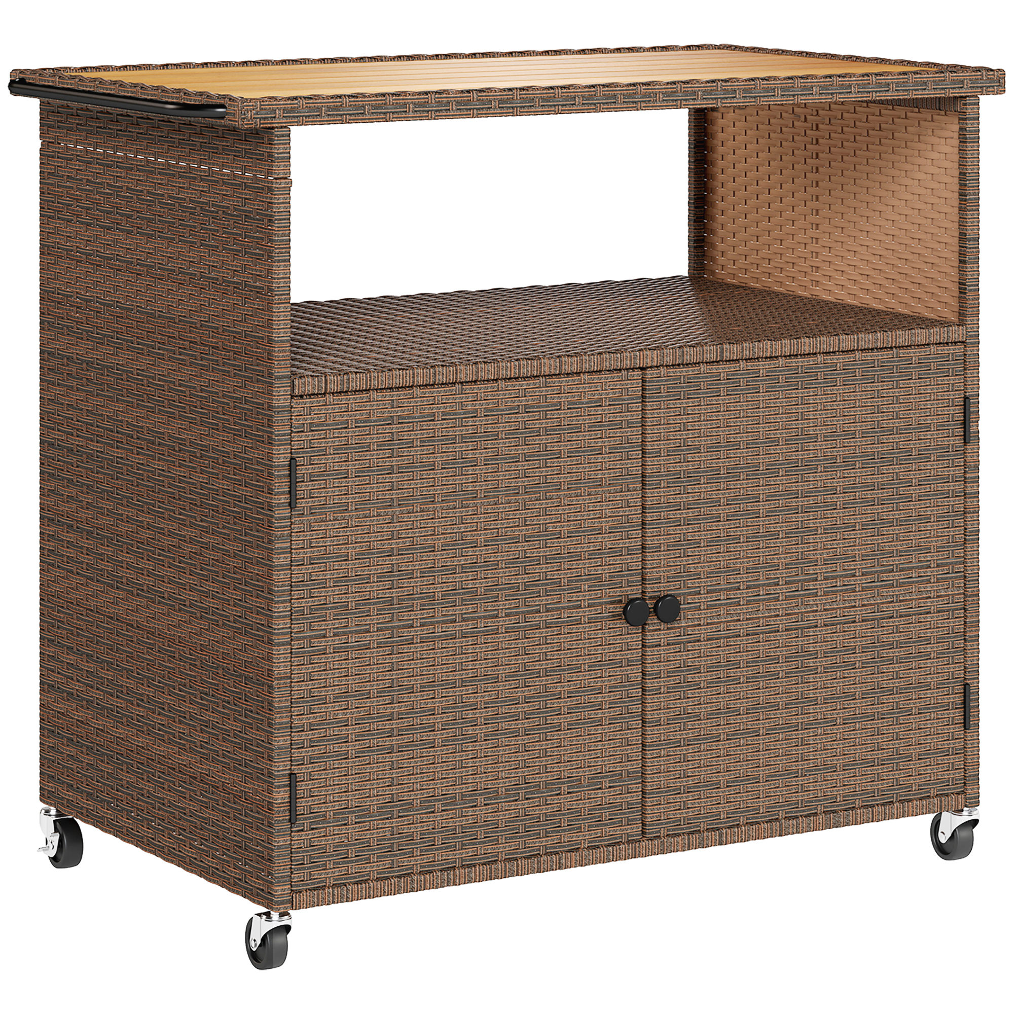 Outsunny Servierwagen Rattan Küchenwagen mit FSC Eukalyptusholz-Arbeitsplatte Ablagefach Rollen Seitengriff, Barwagen Grillwagen Outdoor Beistellwagen für Garten Pool Veranda 95 x 54 x 84 cm Aosom