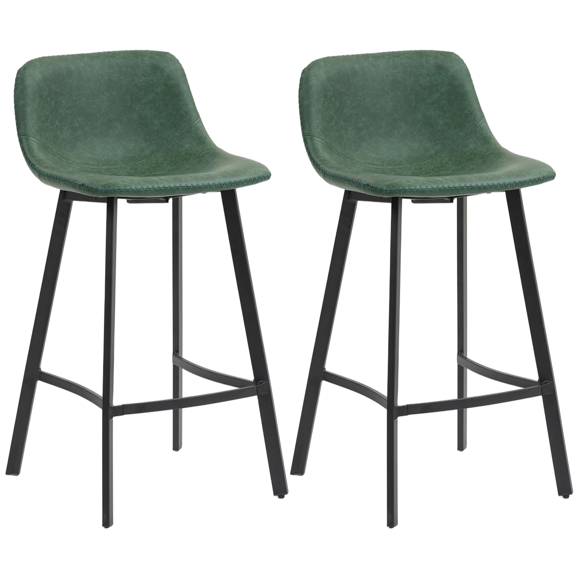 Homcom Green Bar Stools Set Of 2, Pu Leather Dining Stools With Backrest, Footrest, For Kitchen, Counter, Breakfast Bar,