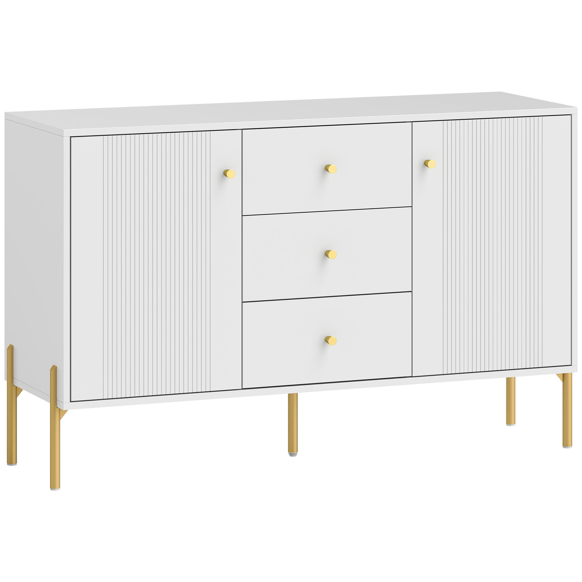 HOMCOM Modernes Küchen-Sideboard, Küchenmöbel mit 3 geräuschlosen Schubladen, 2 verstellbaren Einlegeböden, 5 Stahlbeinen, Sideboard für Esszimmer/Wohnzimmer, 120x39.1x76 cm, Weiß Aosom