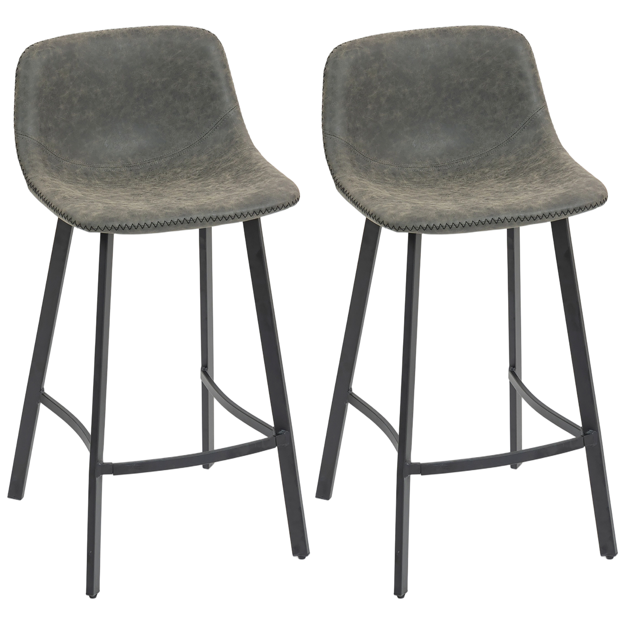 Homcom Grey Bar Stools Set Of 2, Pu Leather Dining Stools With Backrest, Footrest, For Kitchen, Counter, Breakfast Bar,