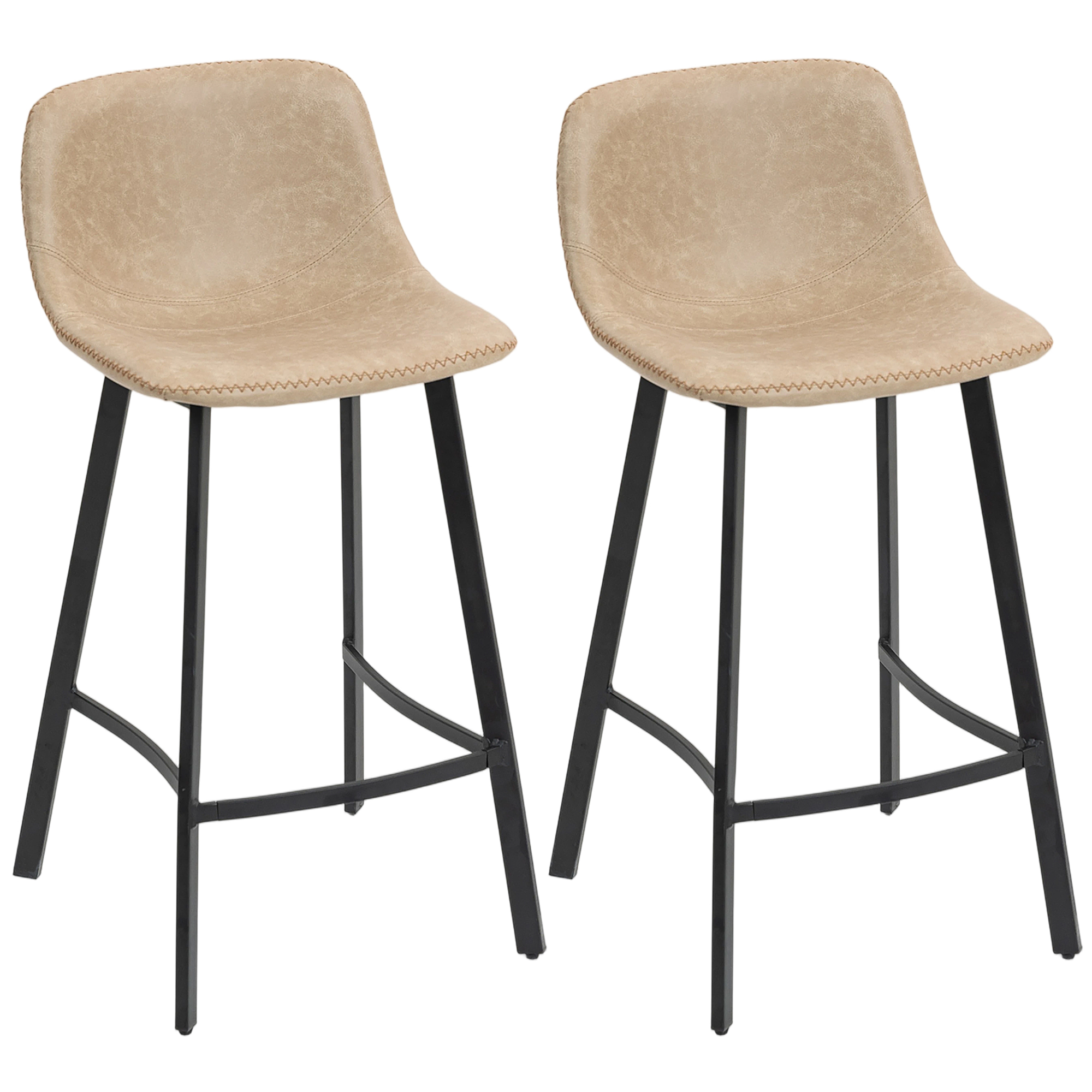 Homcom Brown Bar Stools Set Of 2, Pu Leather Dining Stools With Backrest, Footrest, For Kitchen, Counter, Breakfast Bar, Light