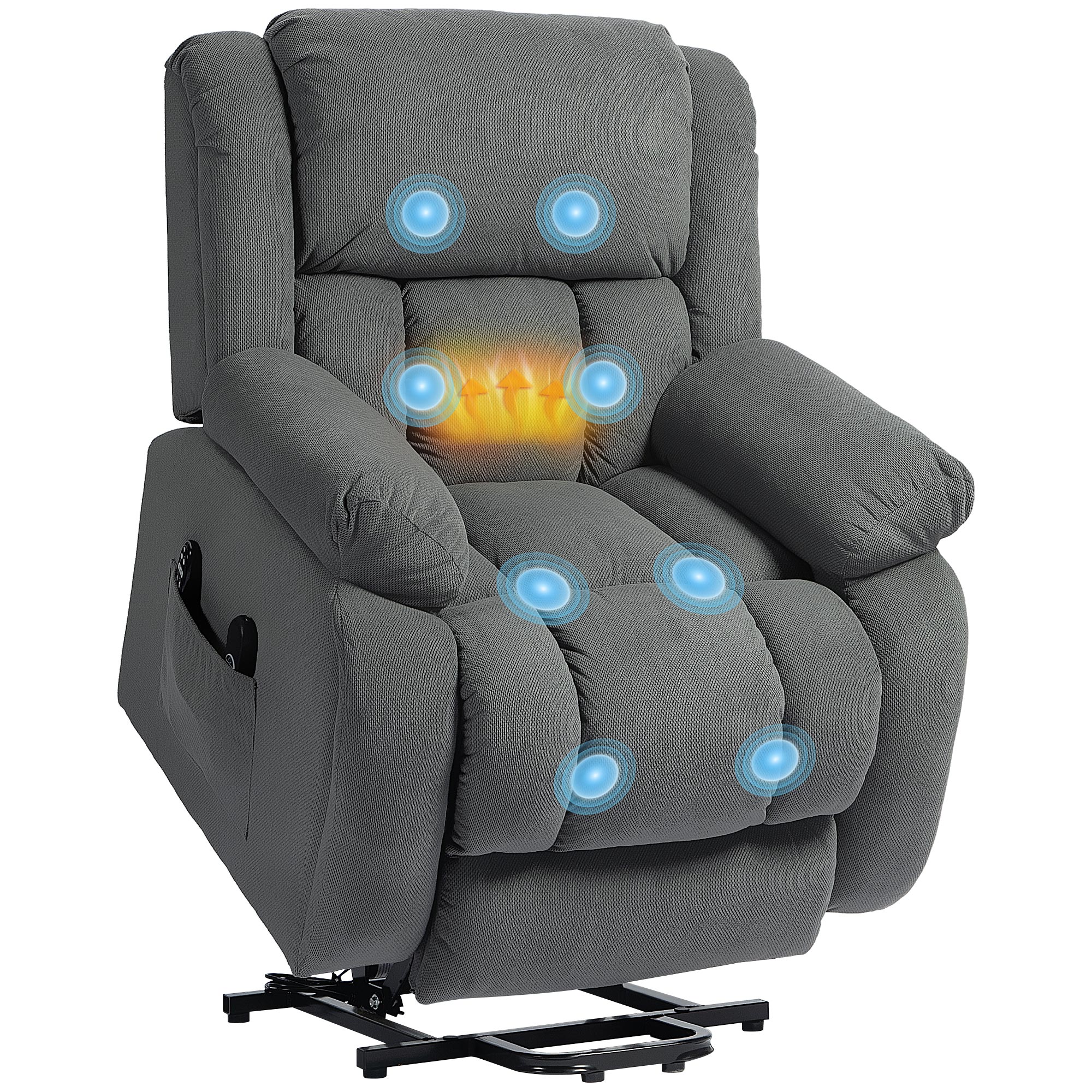HOMCOM Relaxstoel met Massage- en Warmtefunctie, Elektrische Opsta-Stoel, Afstandsbediening, Zijvakken, Grijs