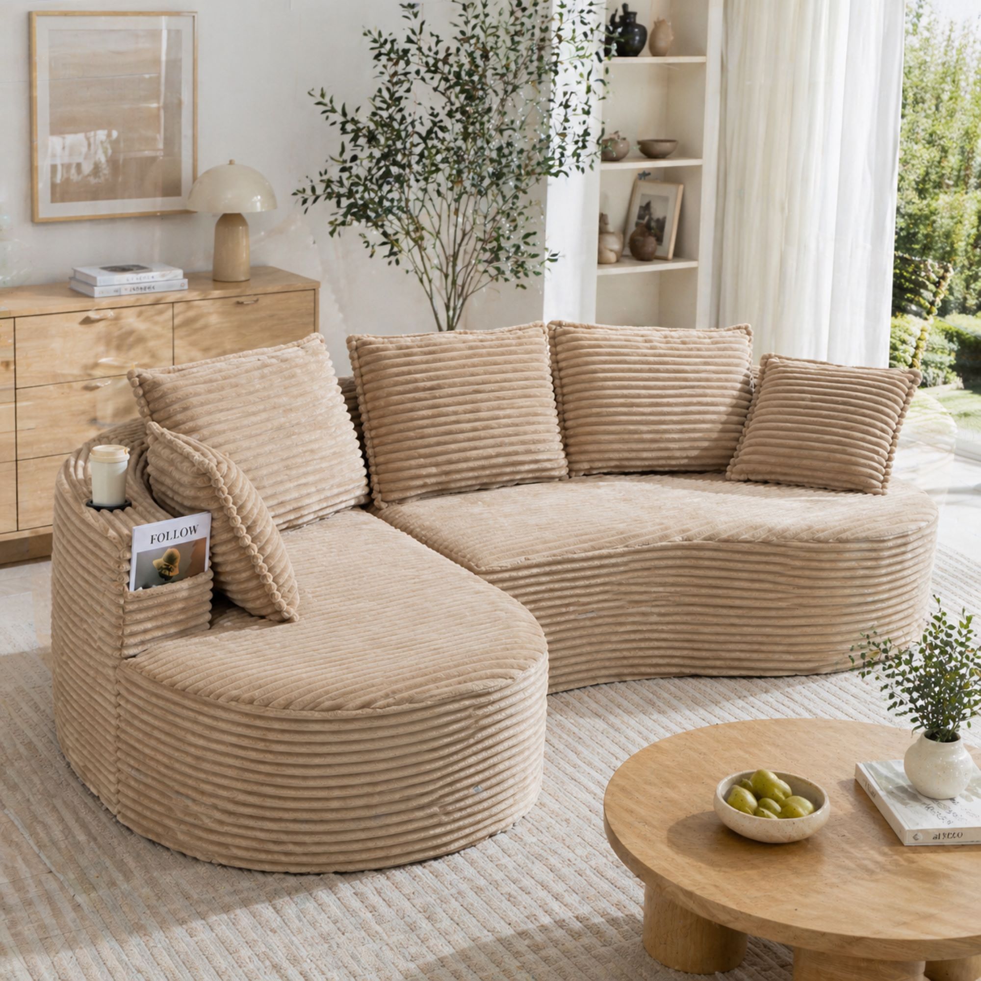 Bogesofa aus Cord mit beidseitigen Getränkehaltern und Seitentasche, inklusive Kissen, 250x152x82 cm, Khaki