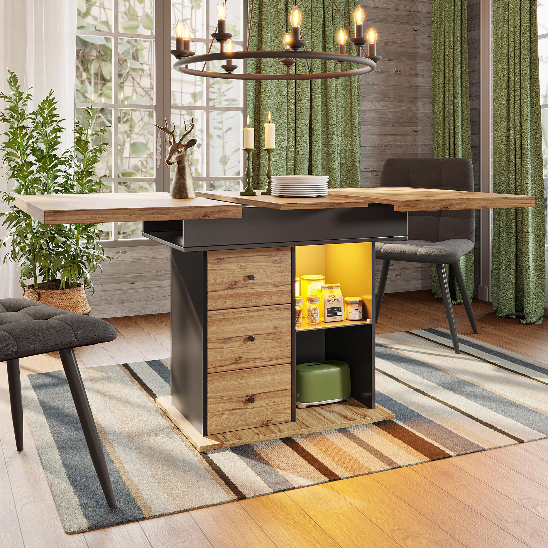 Telescopic Dining Table with App-Controlled LED Lighting, Modern Extension Table with Built-In Storage, 140L x 80W x 75H cm, Black+Natural Aosom UK