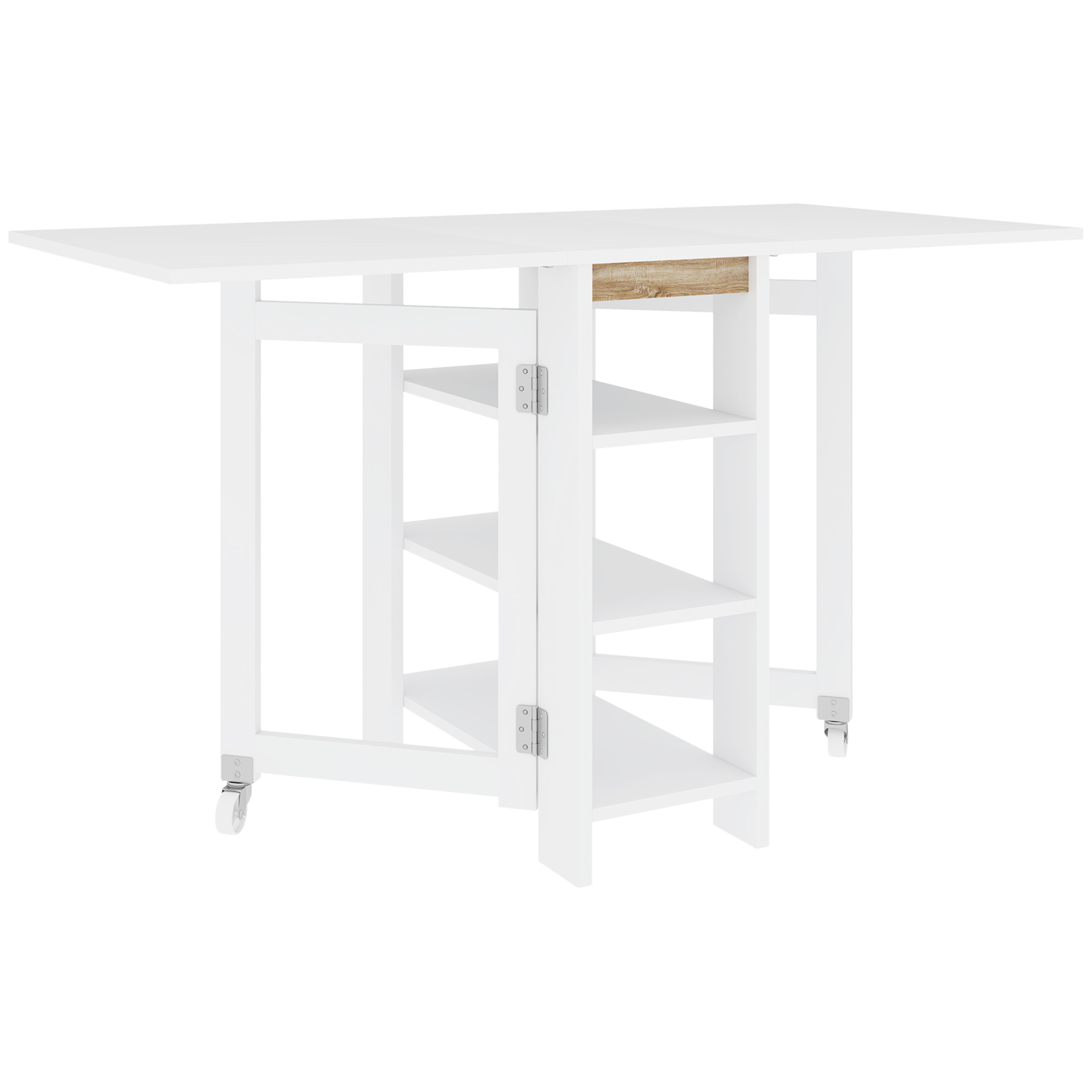 HOMCOM Mesa de Cocina Plegable con Alas Abatibles 2 Ruedas y Estantes Estilo Moderno 120x60x75 cm Blanco | Aosom España