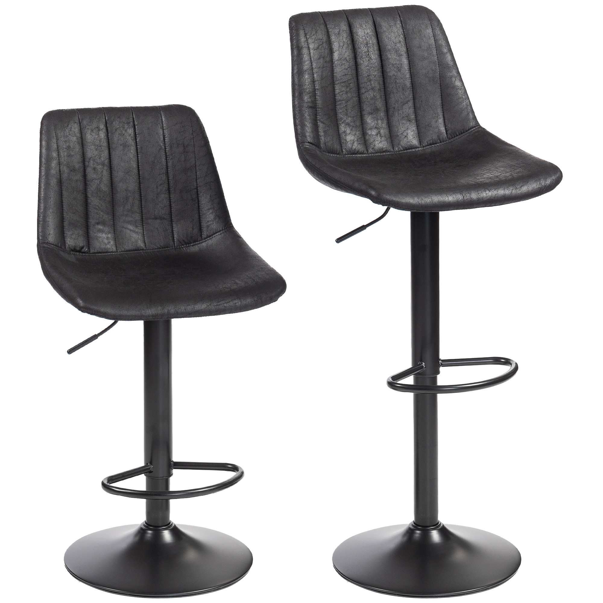 HOMCOM Barhocker 2er Set, Gepolstert Barstuhl mit Metallgestell, Lehne, Höhenverstellbar Küchenstühle mit Fußstütze, 360° Drehbar, Tresenhocker für Küche, Wohnzimmer, Esszimmer, Mikrofasertuch Schwarz Aosom