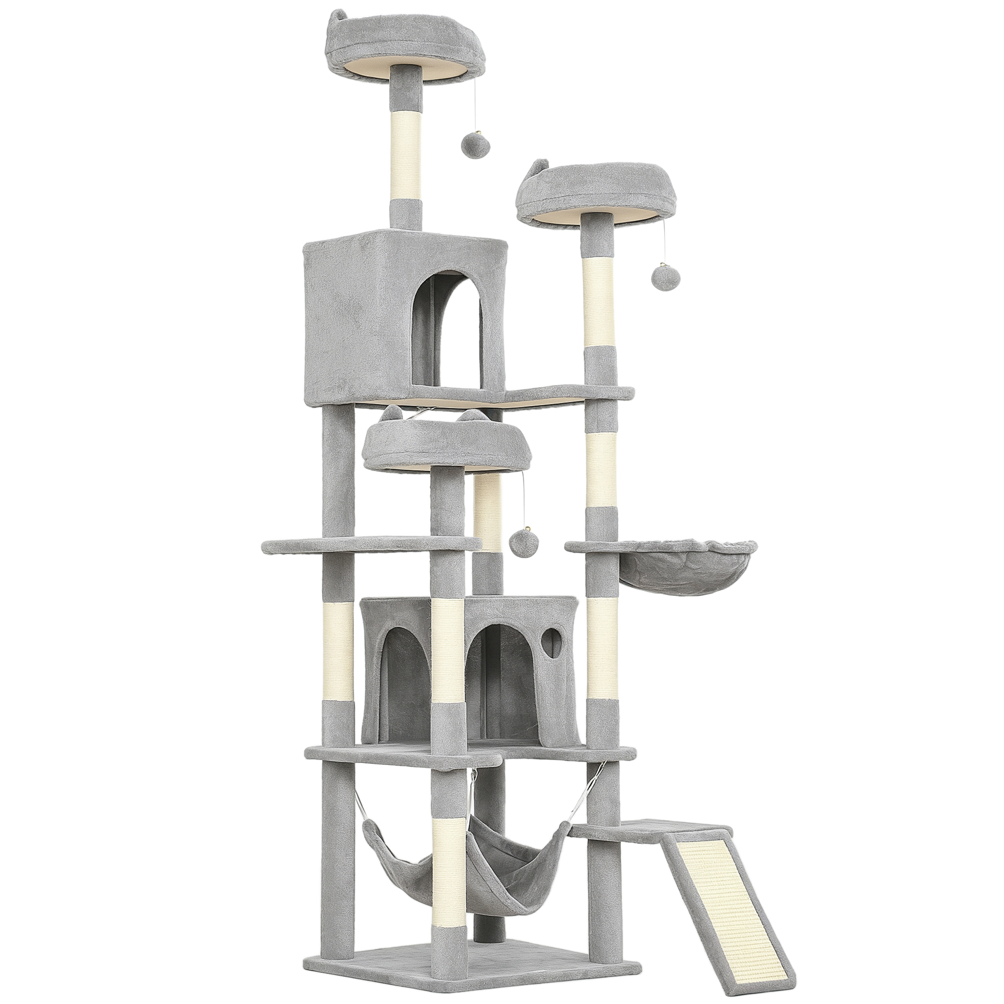 PawHut Kratzbaum 192 cm Katzenturm mit Höhle, Sisalstämme, große Plattform, Hängematten Rampe, mehrstöckiger Katzenkratzbaum, Kletterbaum, für 2-3 mittelgroße Katzen unter 5 kg, Hellgrau Aosom