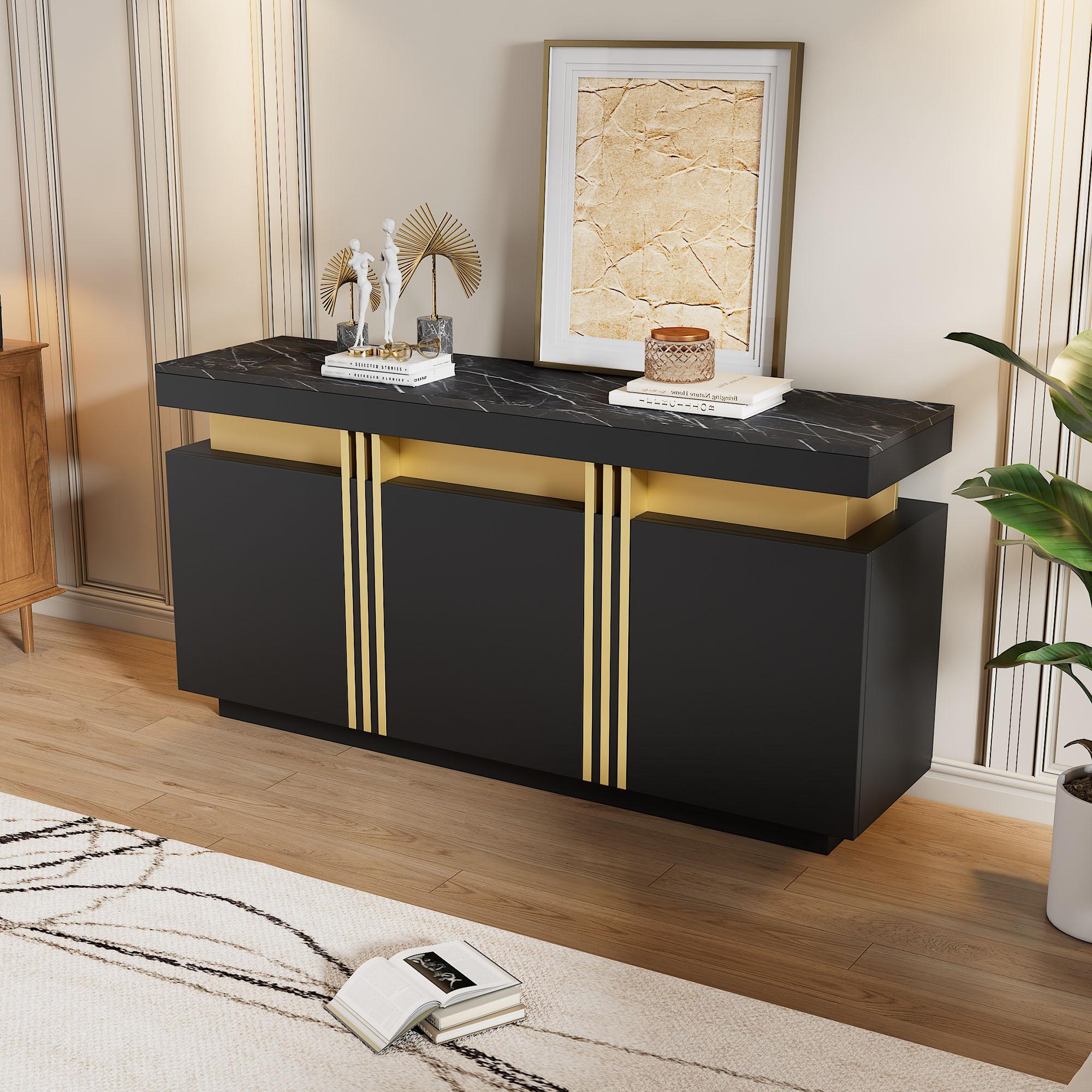 Modern Sideboard with Faux Marble Top and Anti-Tip Fixings, Luxury Storage Unit with Adjustable Shelves, 140L x 38W x 70H cm, Aosom UK