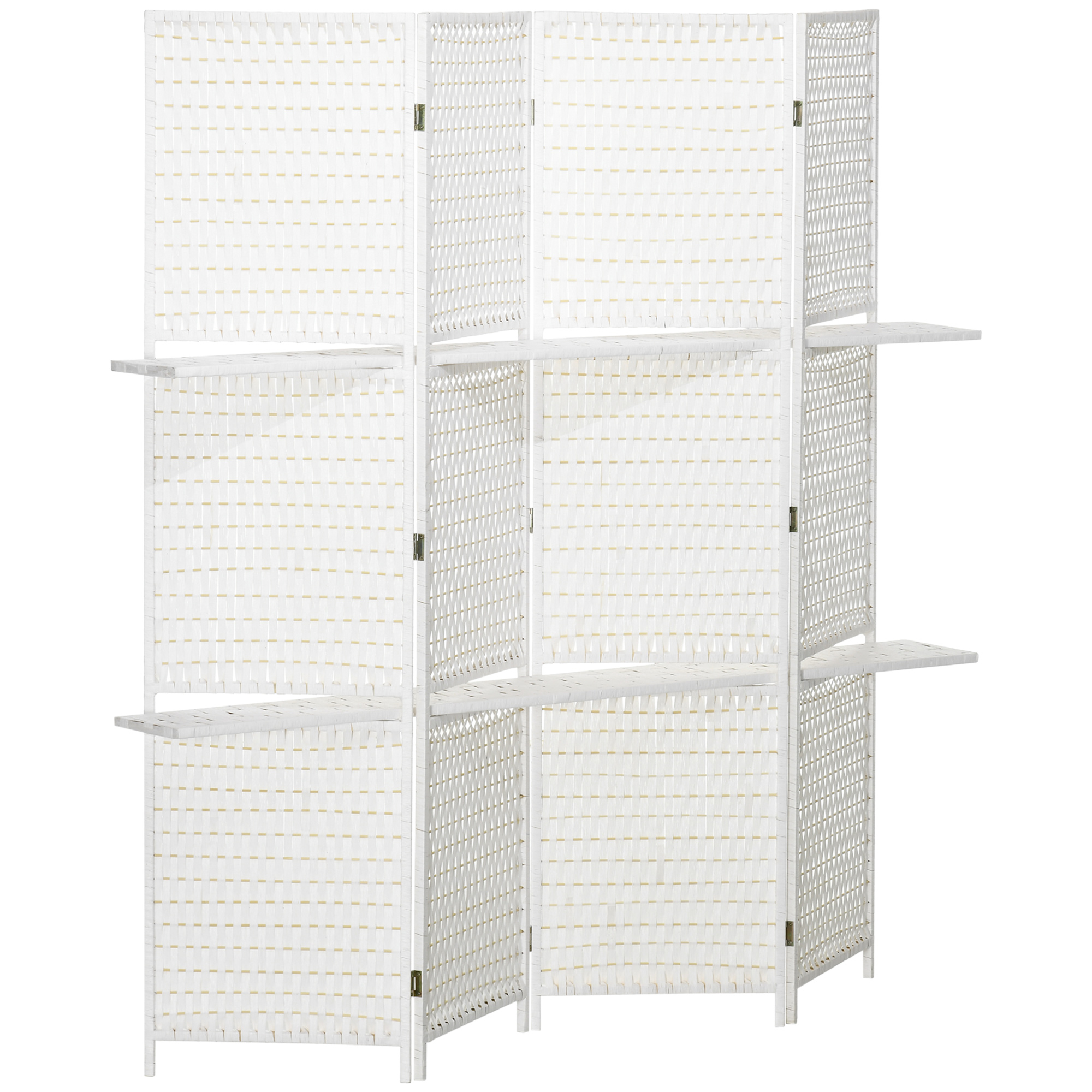 HOMCOM Paravent 4-teilig 181 x 180 cm Raumteiler Faltbar Trennwand Sichtschutz aus Kiefernholz, Bambus mit 2 Regalen, Freistehend Raumtrenner für Schlafzimmer, Wohnzimmer, Büro, Weiß Aosom