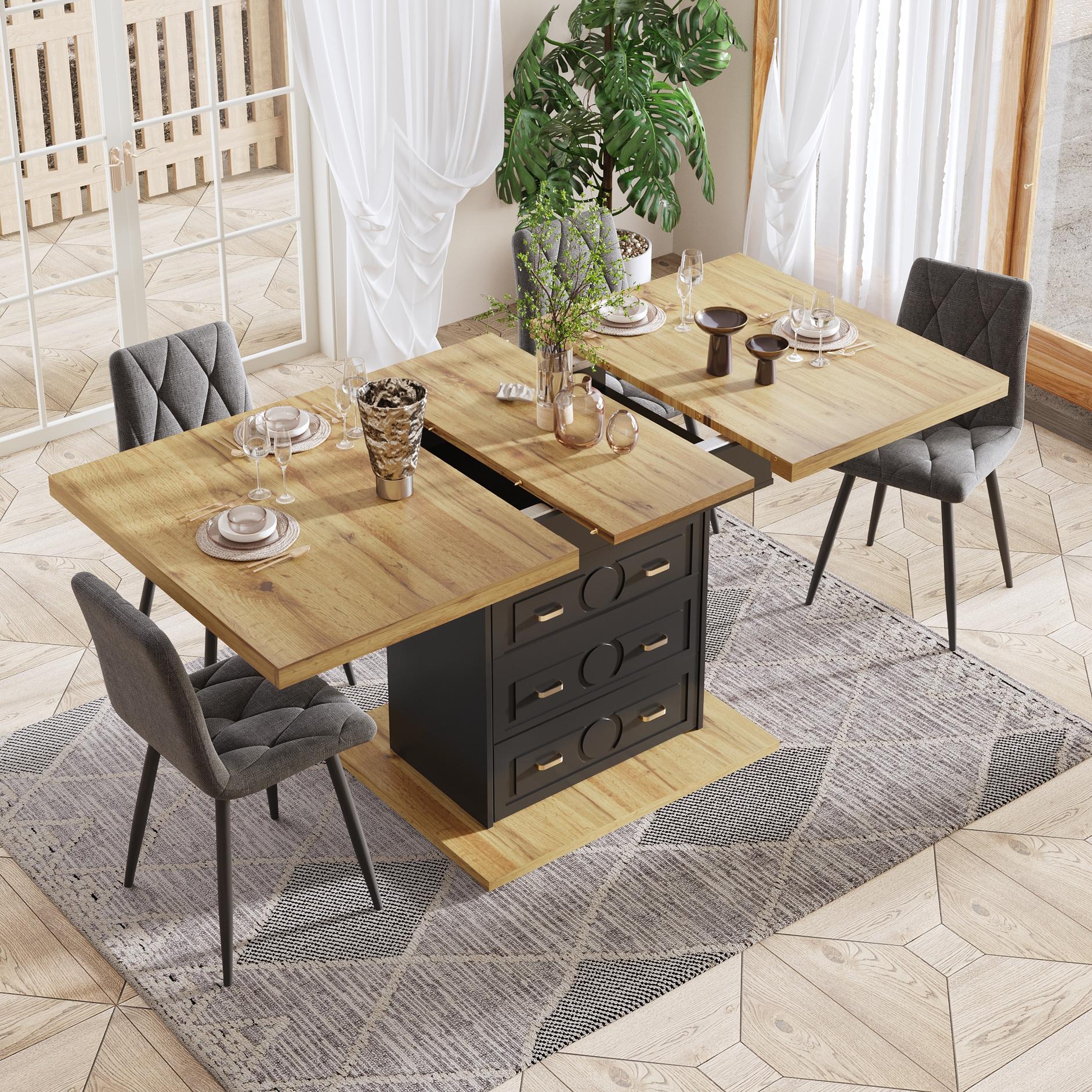 Extendable Dining Table with Wood-Grain High-Density MDF Top, Telescopic Kitchen Table with 2 Drawers, 110L x 80W x 75H cm, Black Aosom UK
