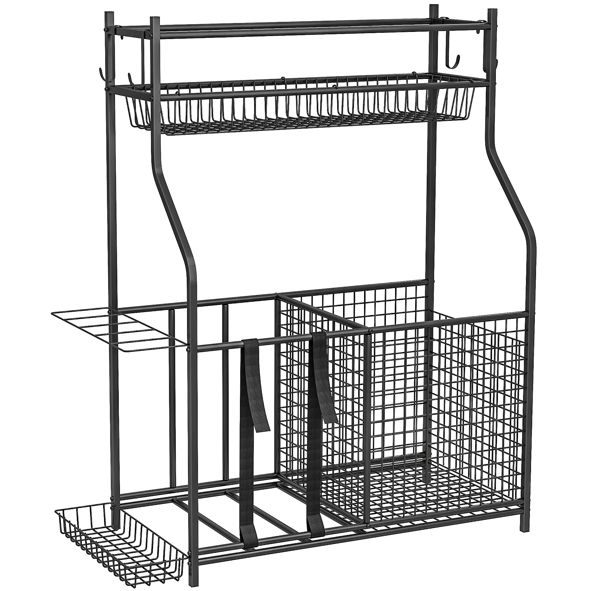 SPORTNOW Organizador de Equipamentos Desportivos com Cesta Ganchos Removíveis e Faixas Elásticas Suporte para Bolas 92x42x109 cm Preto Aosom