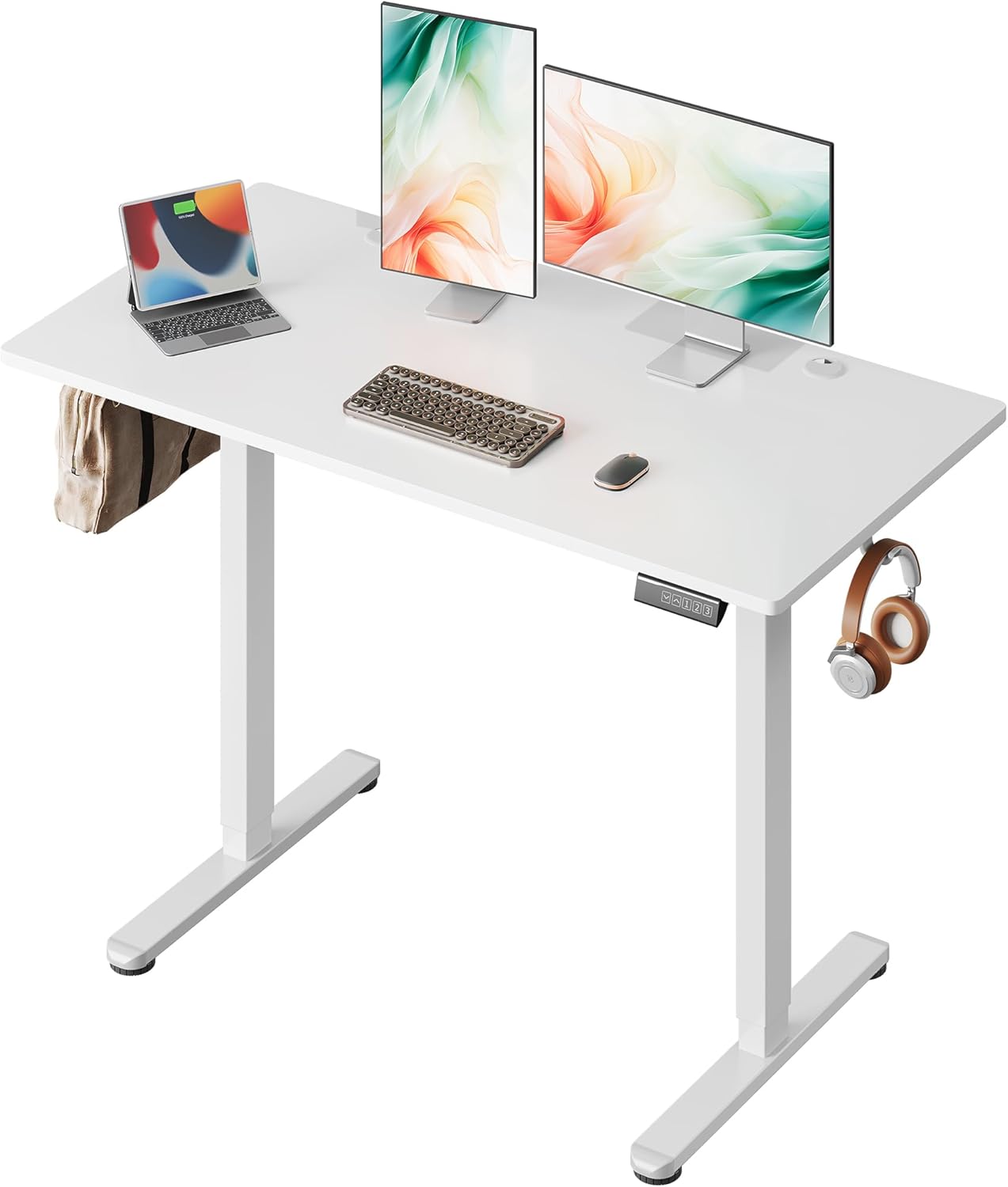 DEVAISE höhenverstellbarer Schreibtisch 120×60 cm, einteilige Tischplatte, leiser Motor und 3-fache Höhenspeicherung, ergonomischer Sitz-Steh-Tisch für Büro, Weiß