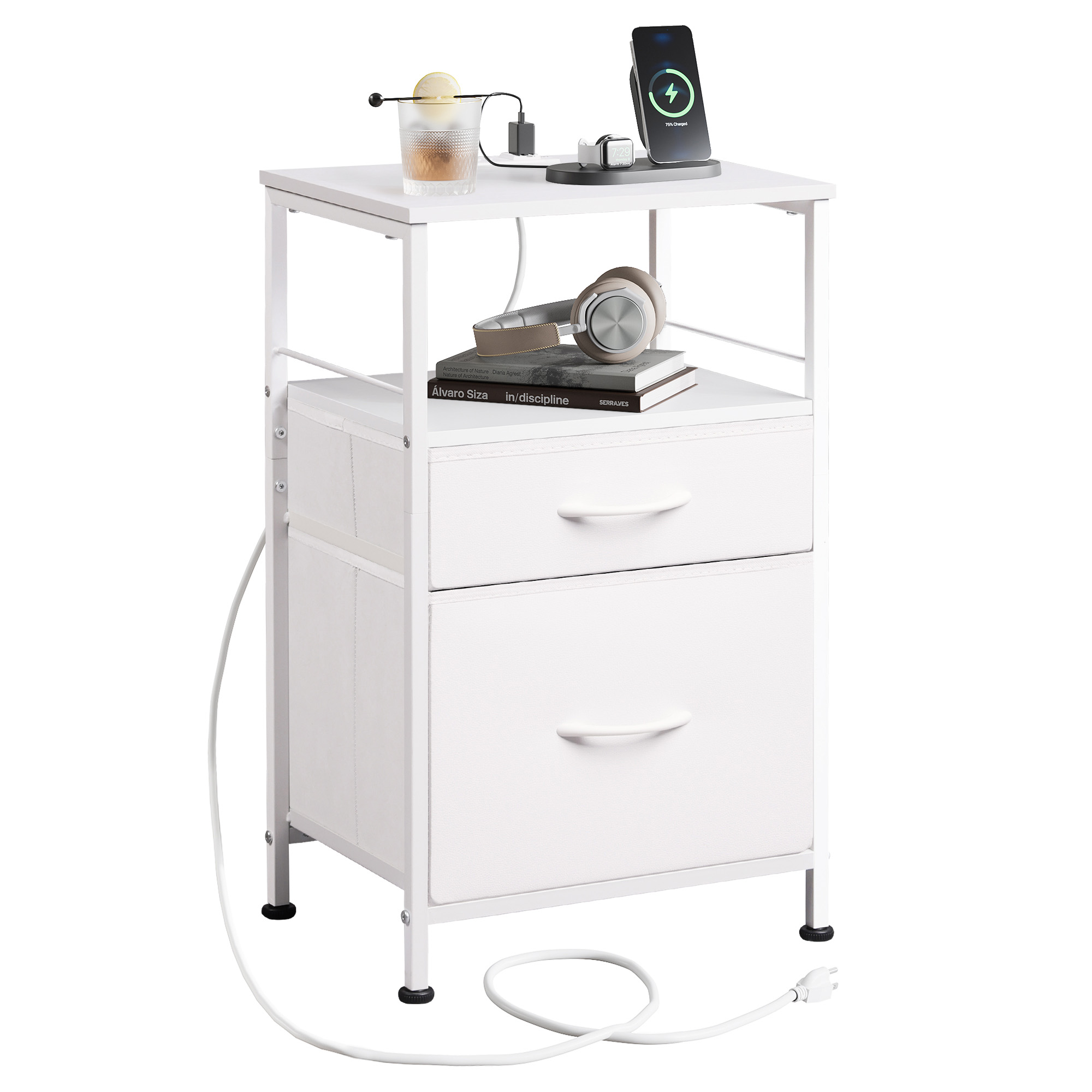 WLIVE weißer Nachttisch mit Steckdose, 2 Stoffschubladen und Ablagefläche, stabiler Metallrahmen, passend für Wohn- und Schlafzimmer, Maße 40×30×60cm