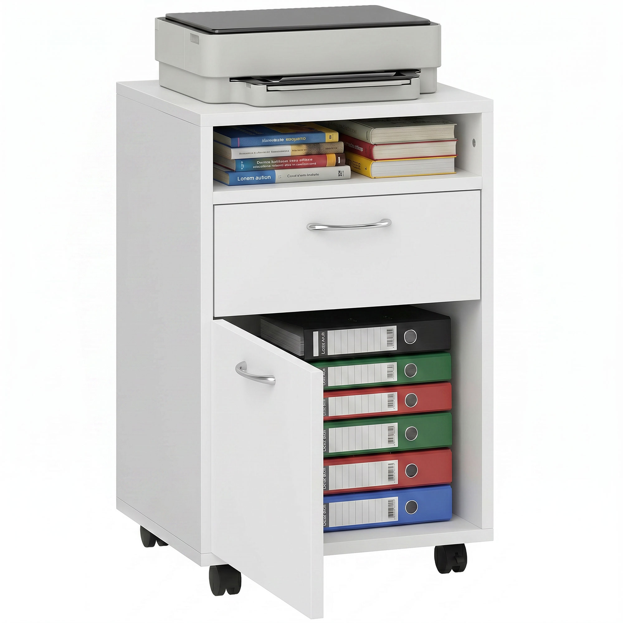 Homcom White 60Cm Storage Cabinet W/ Drawer Open Shelf Metal Handles 4 Wheels Office Home Organiser Mobile Printer | Aosom Uk