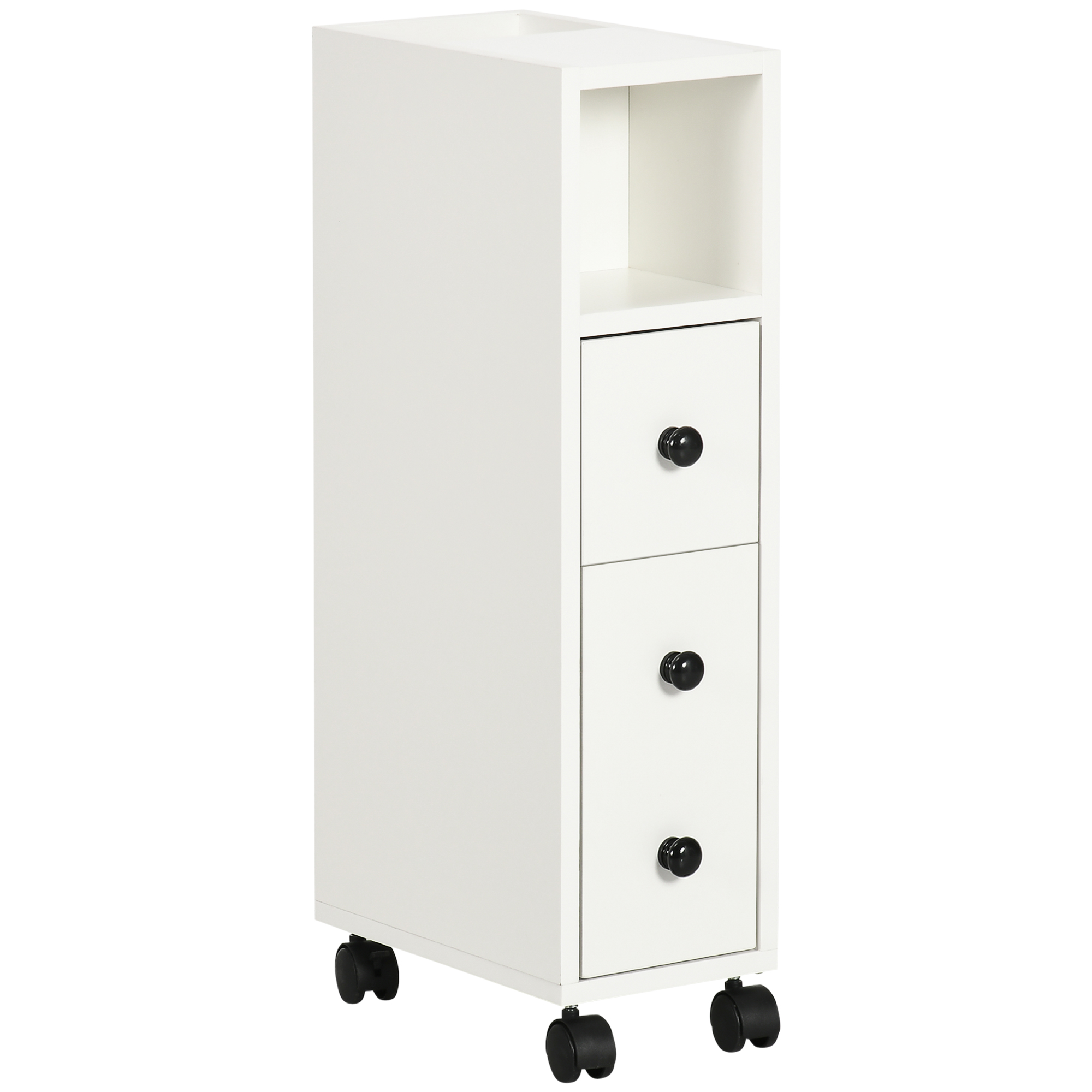 kleankin Badschrank Badezimmerschrank Badregal Kommode Standschrank zwei Schubfächer offenes Fach vier Räder Spanplatte Weiß 18x30x68,5 cm Aosom