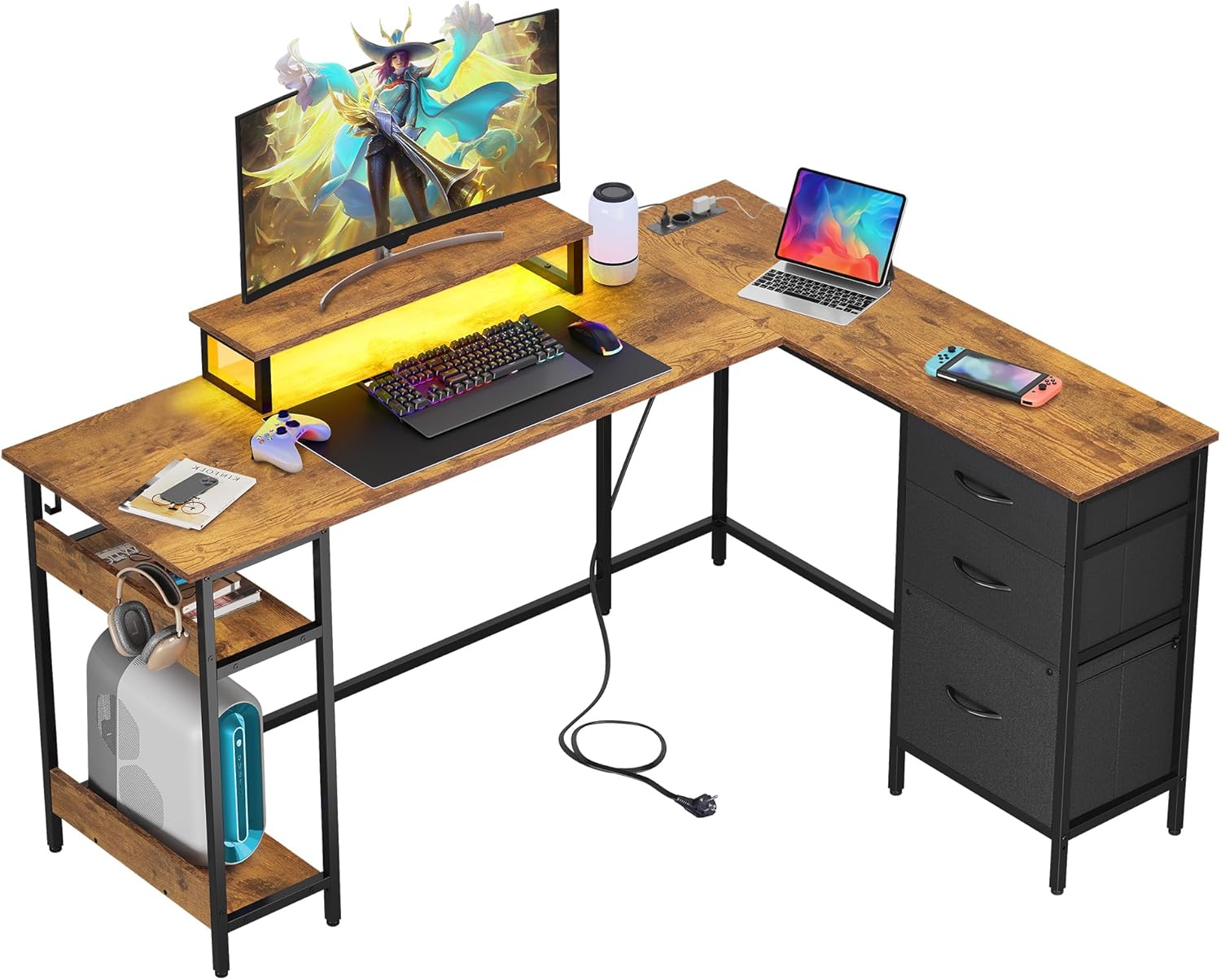 DEVAISE L-förmiger Gaming-Eckschreibtisch, 150×118 cm, mit Schubladen, Steckdose und USB-Anschluss, geräumiger Computertisch mit Stauraum für Homeoffice und Schlafzimmer, rustikales Braun