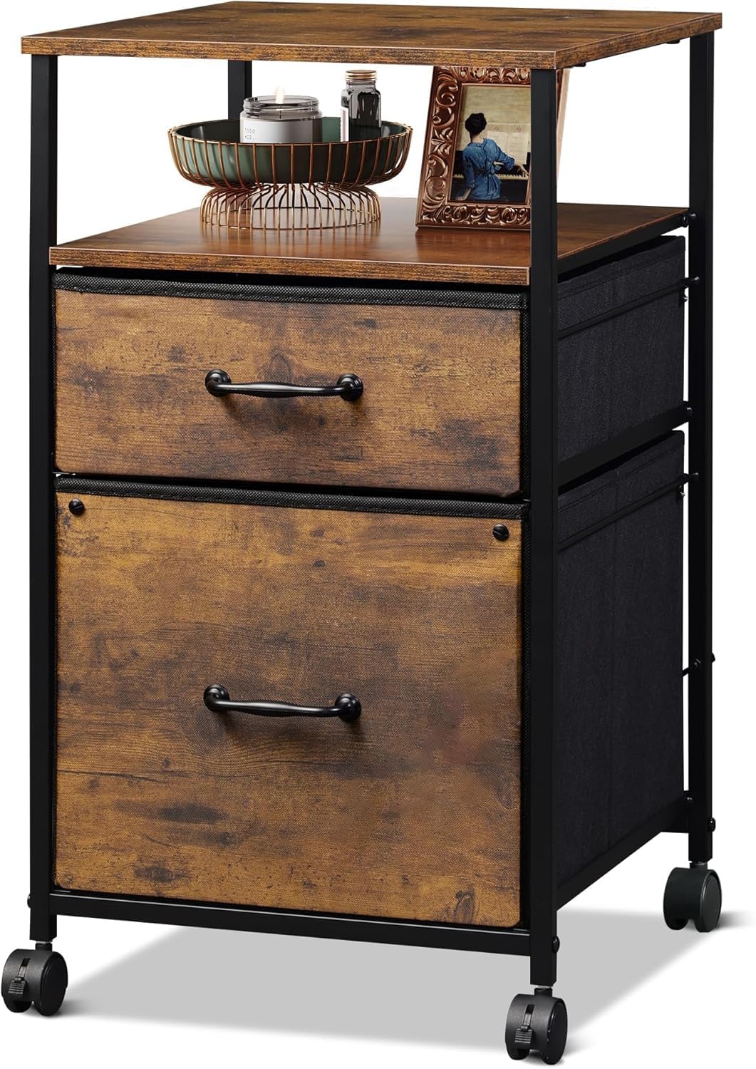 DEVAISE mobiler Bürocontainer, zwei textilbezogene Schubladen sowie offenes Fach, bremsbare Rollen, geeignet für A4-Dokumente, vintagebraun
