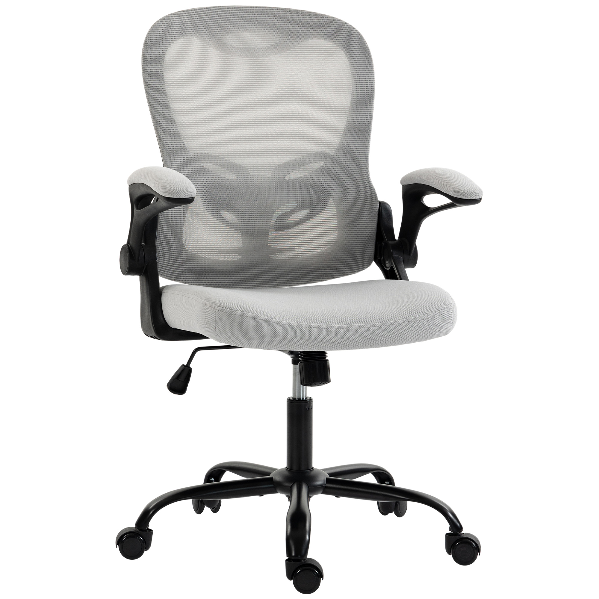 HOMCOM Ergonomischer Bürostuhl mit klappbaren Armlehnen, Mesh-Bürosessel mit höhenverstellbarem Sitz, mittelhoher Rücken, Wippfunktion, 360° drehbar, Hellgrau Aosom