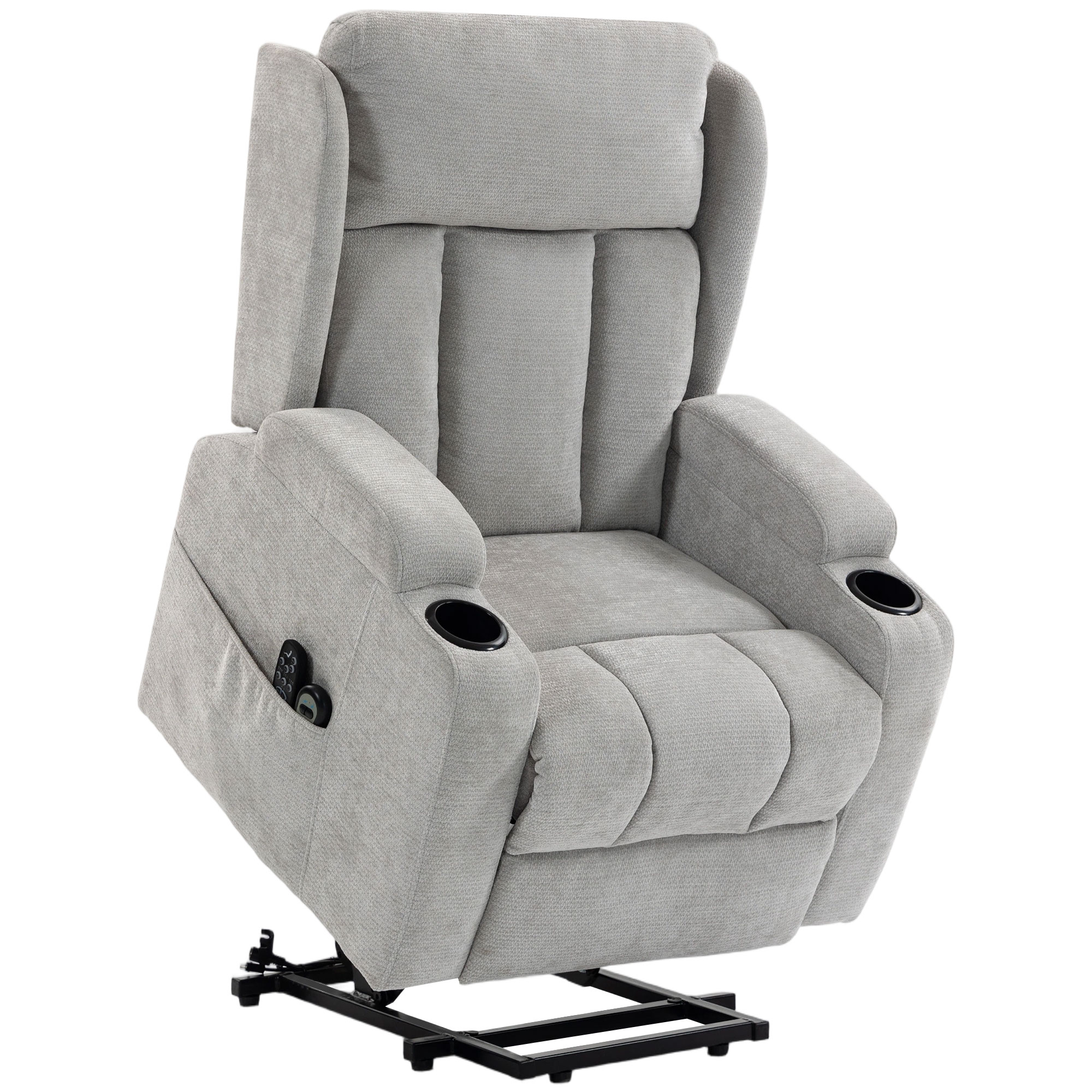 HOMCOM Elektrischer Aufstehsessel mit Vibrationsmassage und Heizung, Elektrischer Relaxsessel aus Chenille, Klappbares Kopfteil, Neigbare Rückenlehne, Taschenfeder-Sitz, Becherhalter, Fernbedienung, Grau Aosom