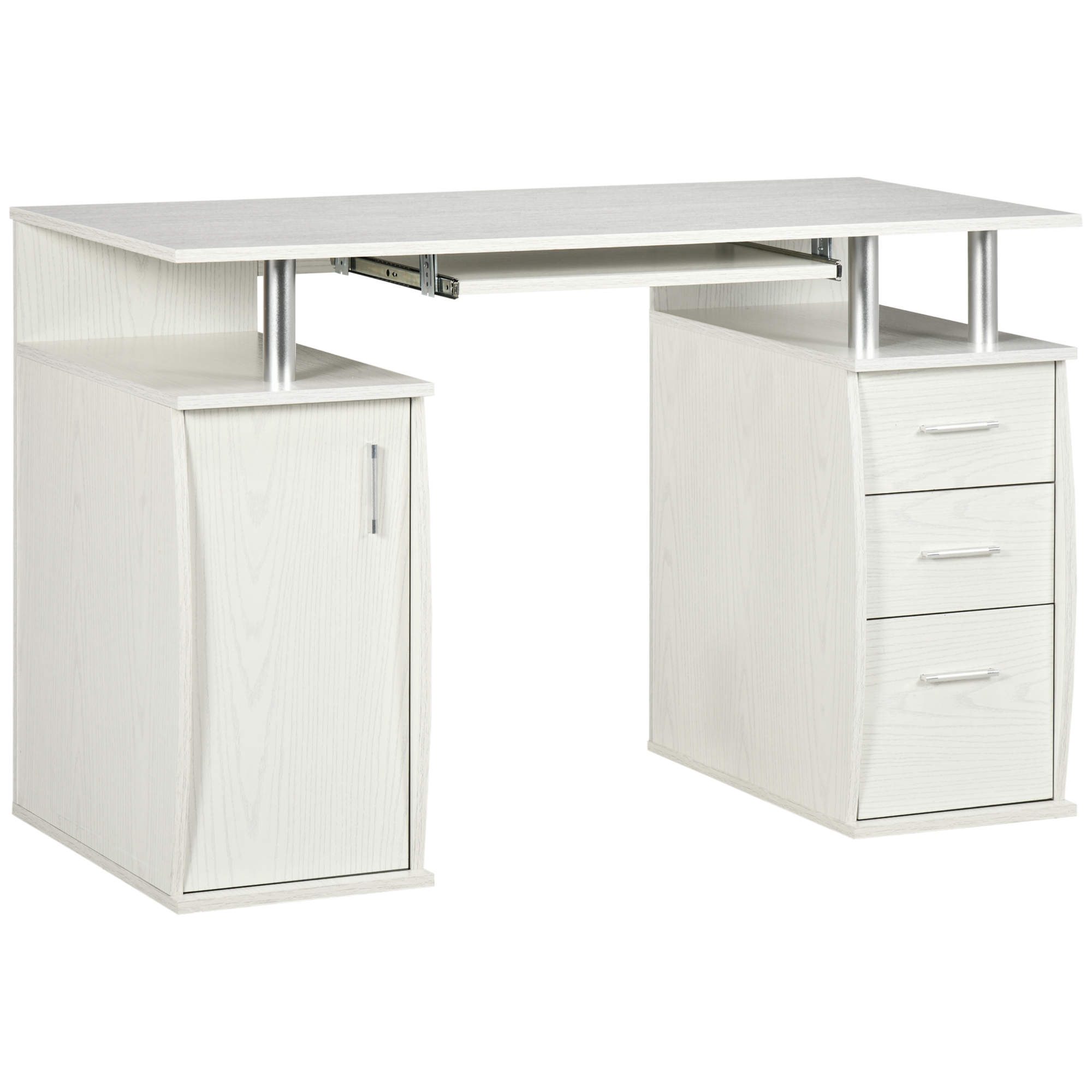 HOMCOM Computerschreibtisch, PC-Schreibtisch 120 x 55 cm mit Tastaturauszug, 3 Schubladen, Halter für PC-Gehäuse und offene Ablagen, für Schlafzimmer, Zuhause, weiß   Aosom