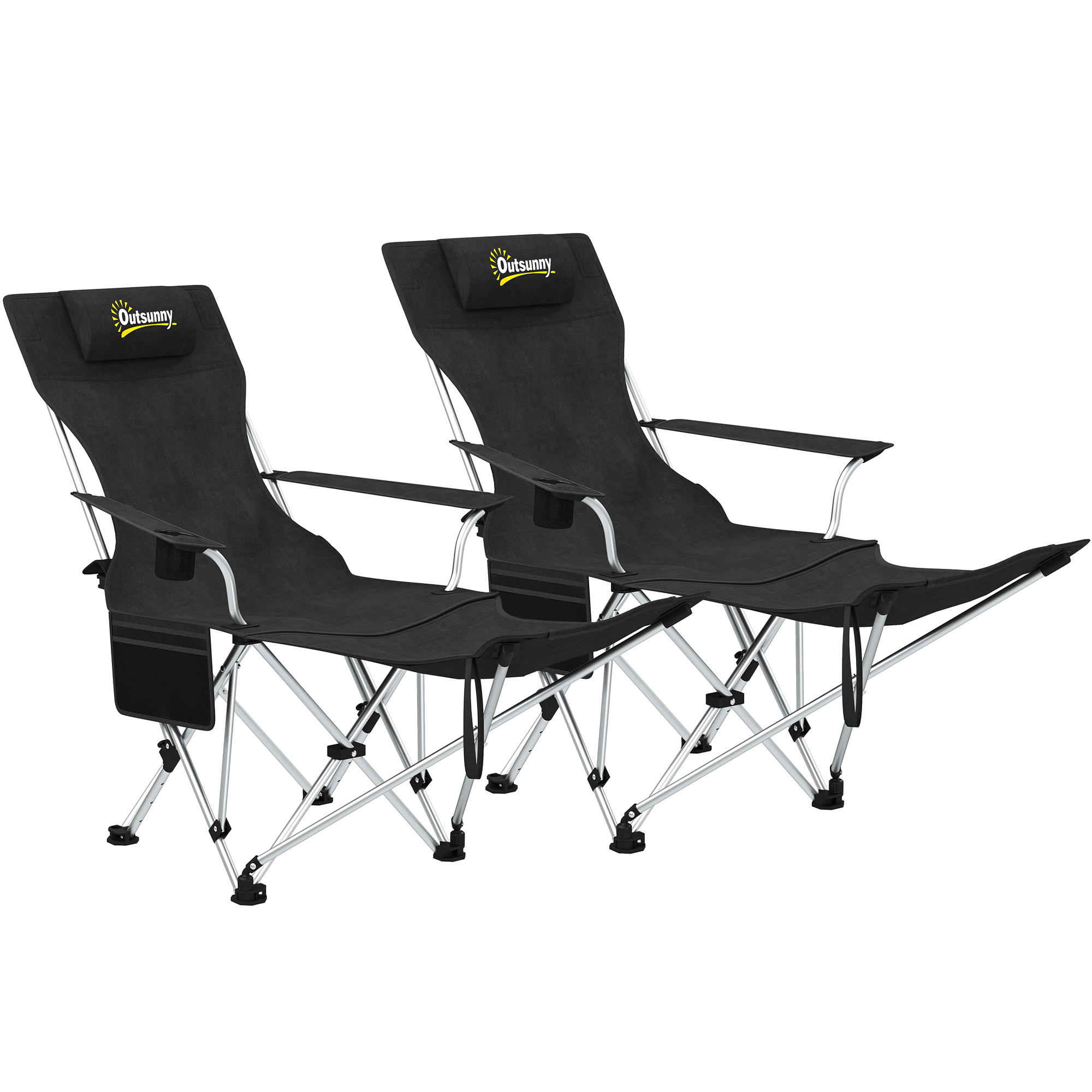 Outsunny Set van 2 Opvouwbare Campingstoelen met Afneembare Voetsteun en Bekerhouder, Belastbaar tot 120 kg - Zwart