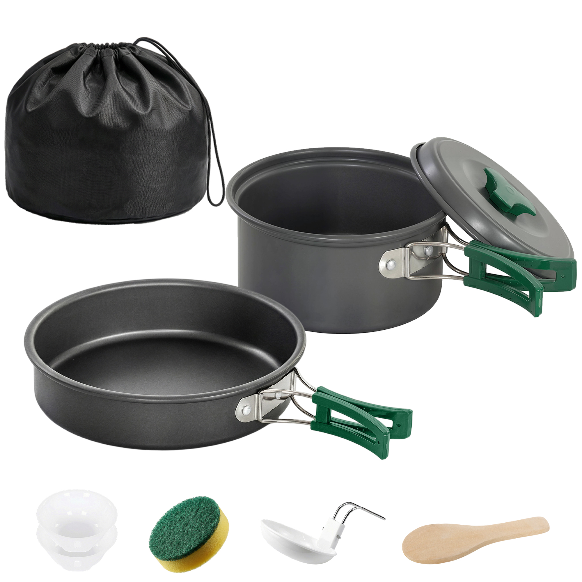 Outsunny 8-delig camping kookset - outdoor servies met anti-verbrandingsgrepen, snel verwarmende pan en koekenpan, grijs