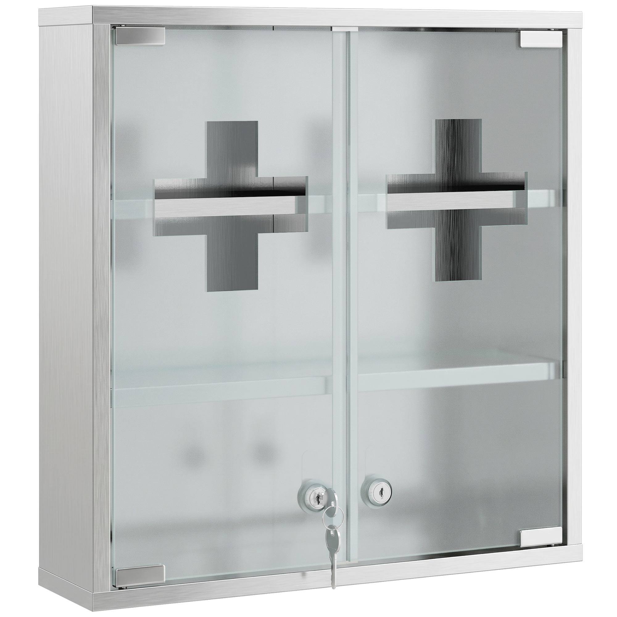 HOMCOM Medicijnkast, Afsluitbare medicijnkast met 2 sleutels, Glazen deur en 6 planken, 48 x 46 x 12 cm, Zilver