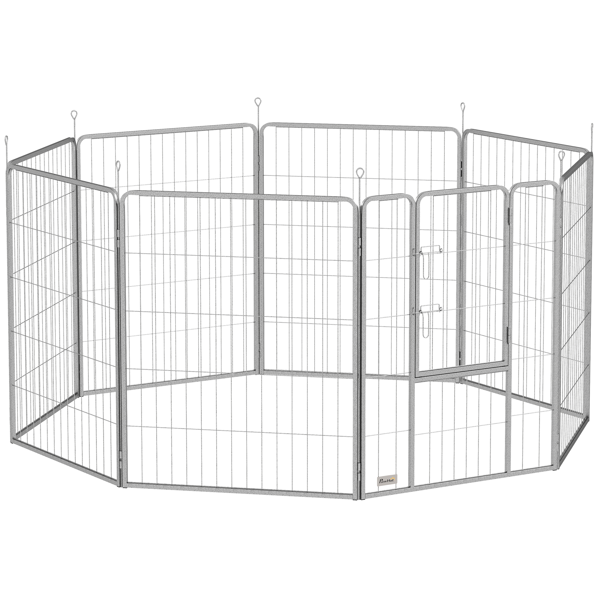 PawHut Welpenauslauf 100 cm Hoch, 8-TLG Hundelaufstall Welpenlaufstall mit Gurt und Tür, Freilaufgehege für kleine bis mittelgroße Hunde, Meerschweinchen, Kaninchen, Stahl, Silber Aosom