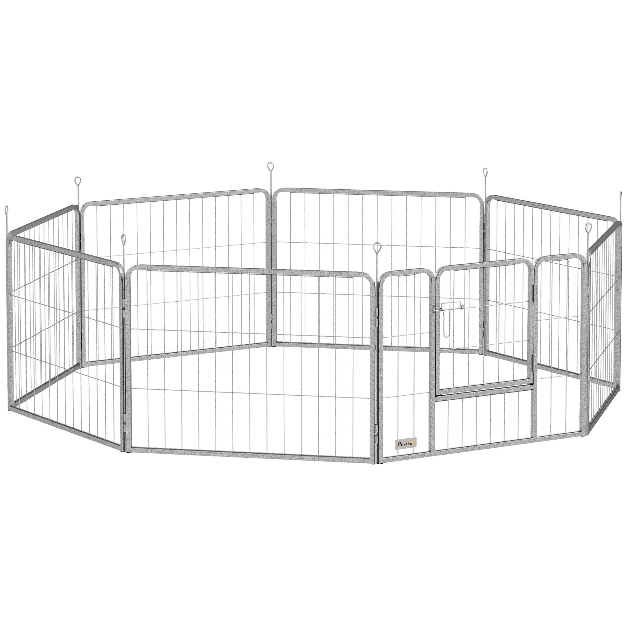 PawHut Welpenauslauf 60 cm Hoch, 8-TLG Hundelaufstall Welpenlaufstall mit Gurt und Tür, Freilaufgehege für kleine bis mittelgroße Hunde, Meerschweinchen, Kaninchen, Stahl, Silber Aosom