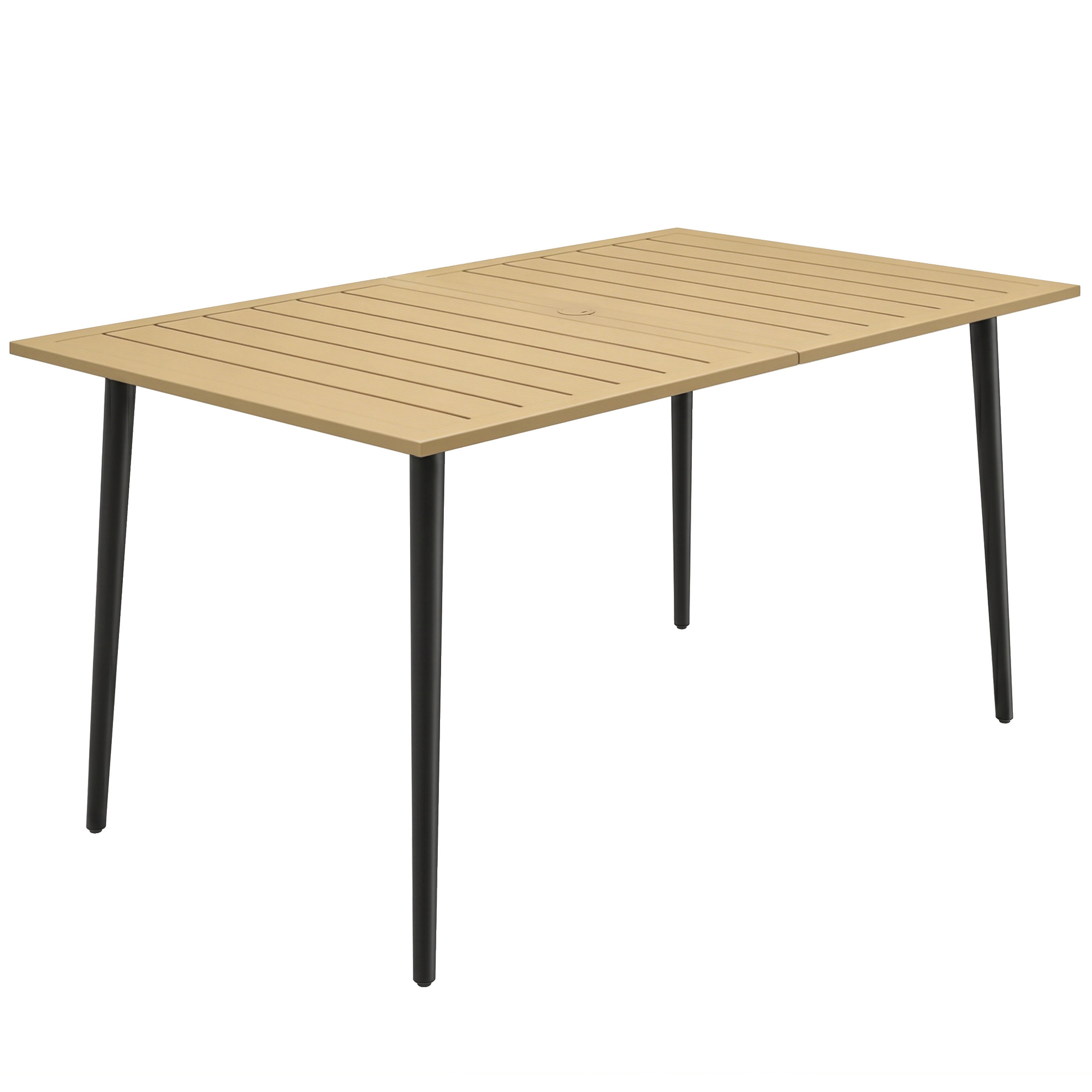 Outsunny Gartentisch 150x90cm, Wetterfest Balkontisch aus Stahl, Balkontisch mit Schirmloch Lamellendesign Outdoor Campingtisch Beistelltisch, rechteckig Terrassentisch für Garten Balkon Braun Aosom
