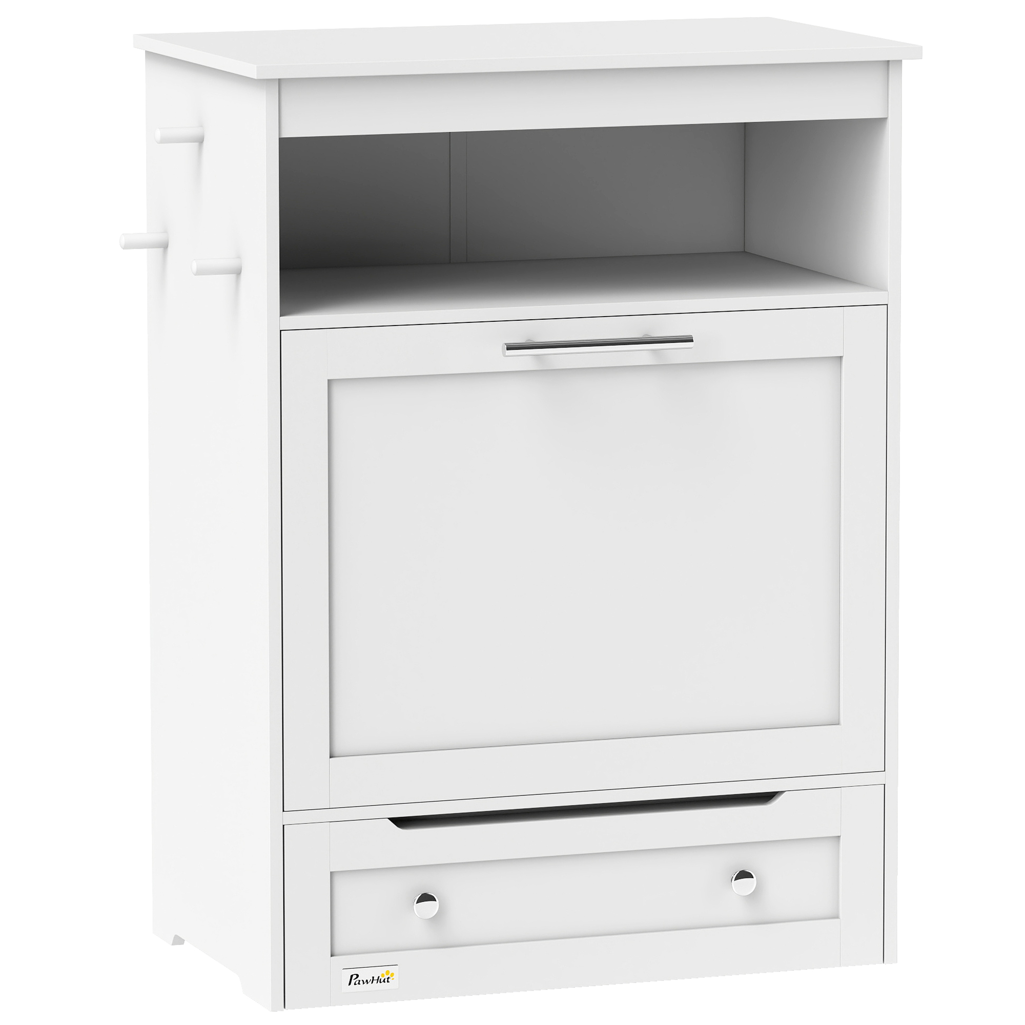 PawHut Haustier-Futterschrank mit 2 Edelstahlnäpfen, 3 Haken, Tierfutterschrank mit Lagerschrank, offenem Fach & Kipptür, Hundefutterstation für Hunde, 61 x 35,5 x 82 cm, Weiß Aosom