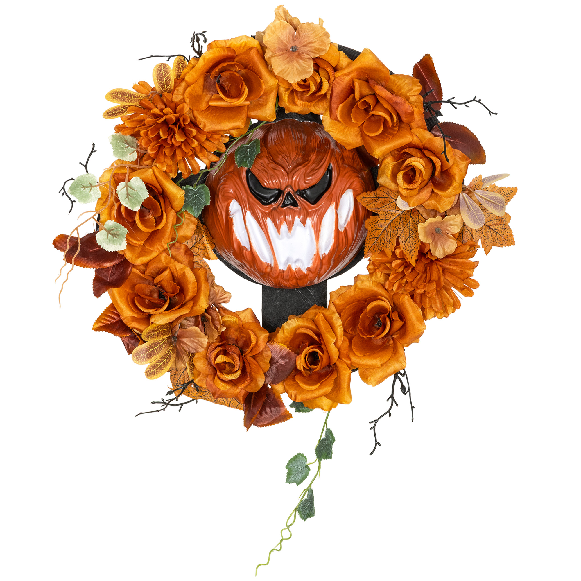 Outsunny Halloween Dekoration Hängender Kürbis-Kranz mit 44 LEDs mit Flammeneffekt, Haustür Deko mit gruseligem Kürbisgesicht und Blüten, Gartendeko für Party Aosom