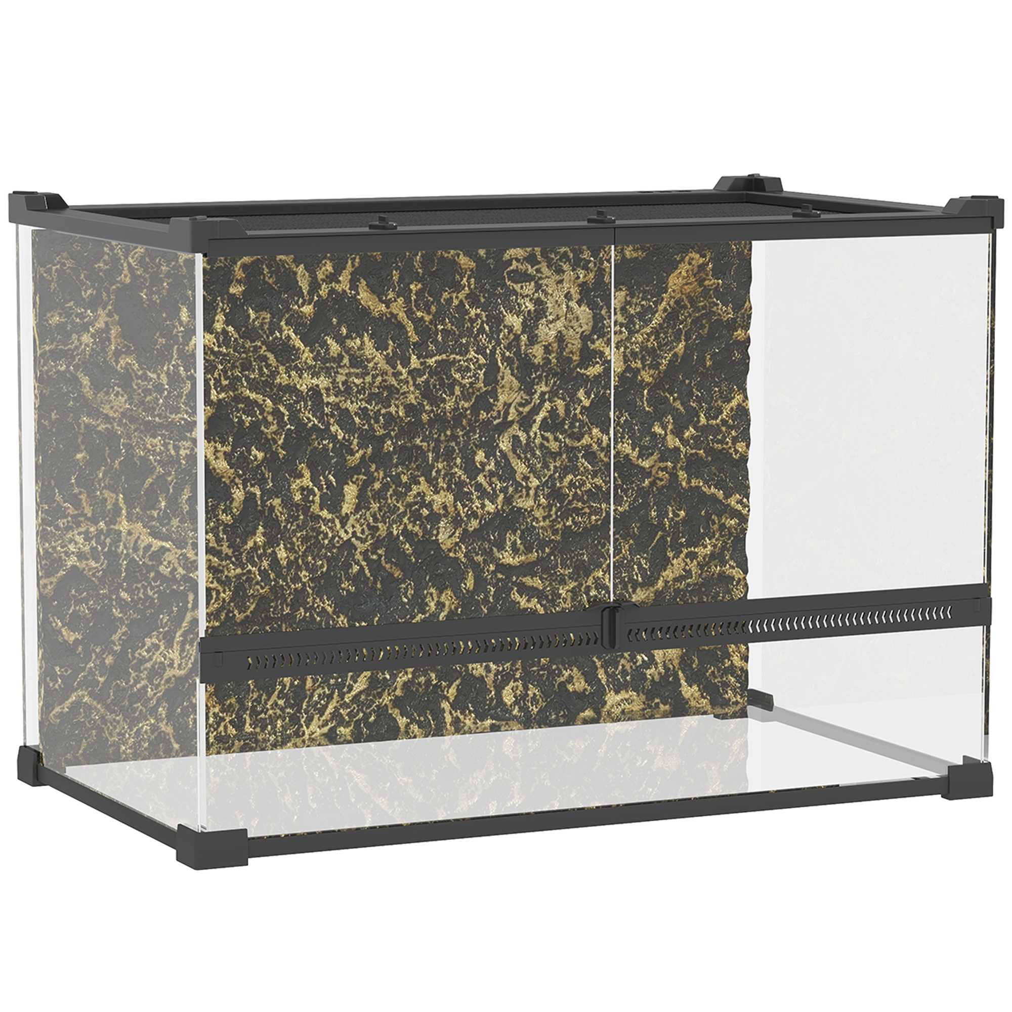 PawHut Terrarium für Reptilien Glasterrarium 48L Reptile Fütterungsbox mit Frontbelüftung Steinrückwand ausbruchsicherer Drehverschluss Reptilienzuchtbox für Amphibien Spinne Schwarz 50 x 30 x 35 cm Aosom