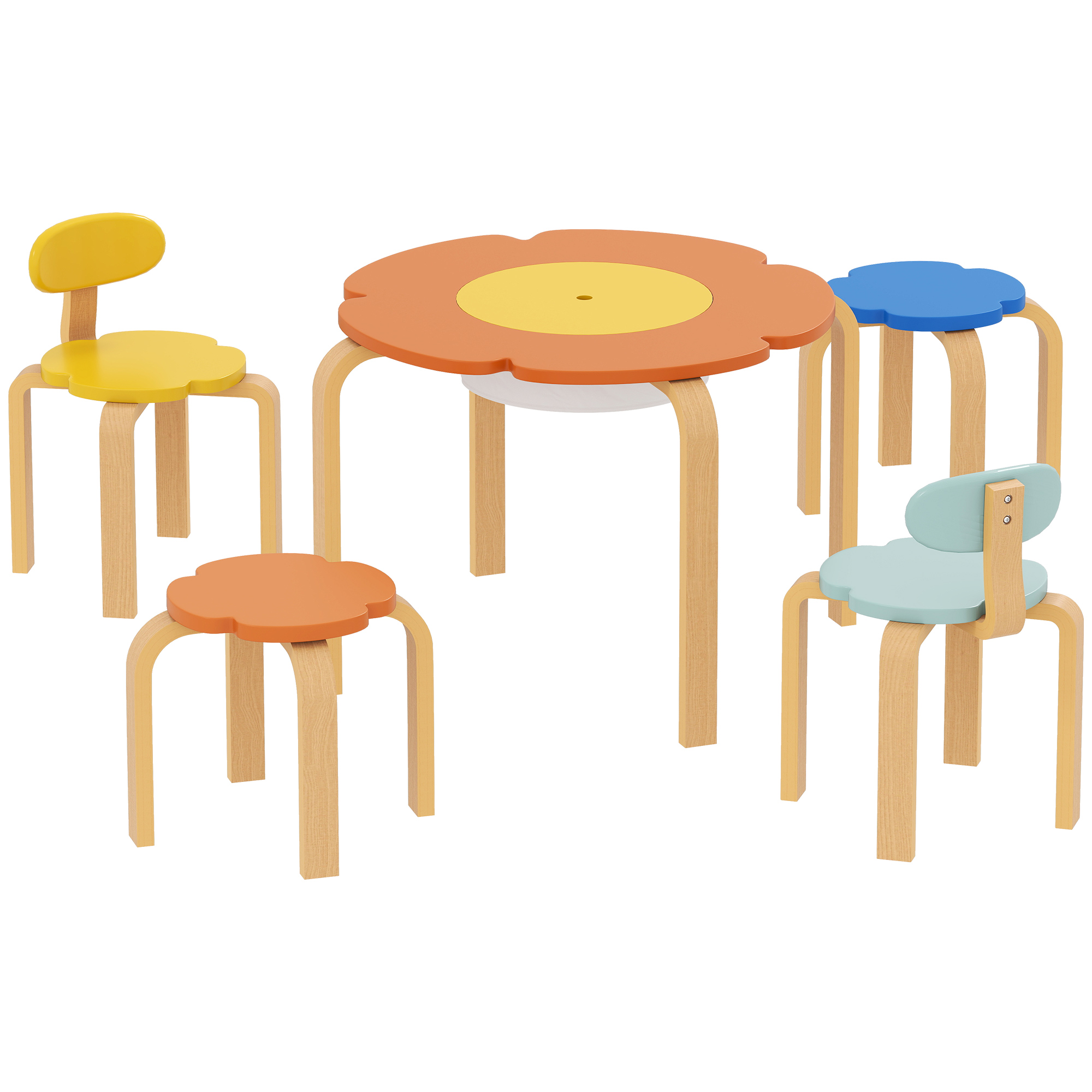 AIYAPLAY Kindertisch Holz mit 4 Stühlen 5-teilig Kindersitzgruppe mit integriertem Stauraum, blumenförmige Kindermöbel Kinder Tisch Stuhl Set Sitzgruppe für Kinderzimmer, für 3-8 Jahre Kinder, Bunt Aosom