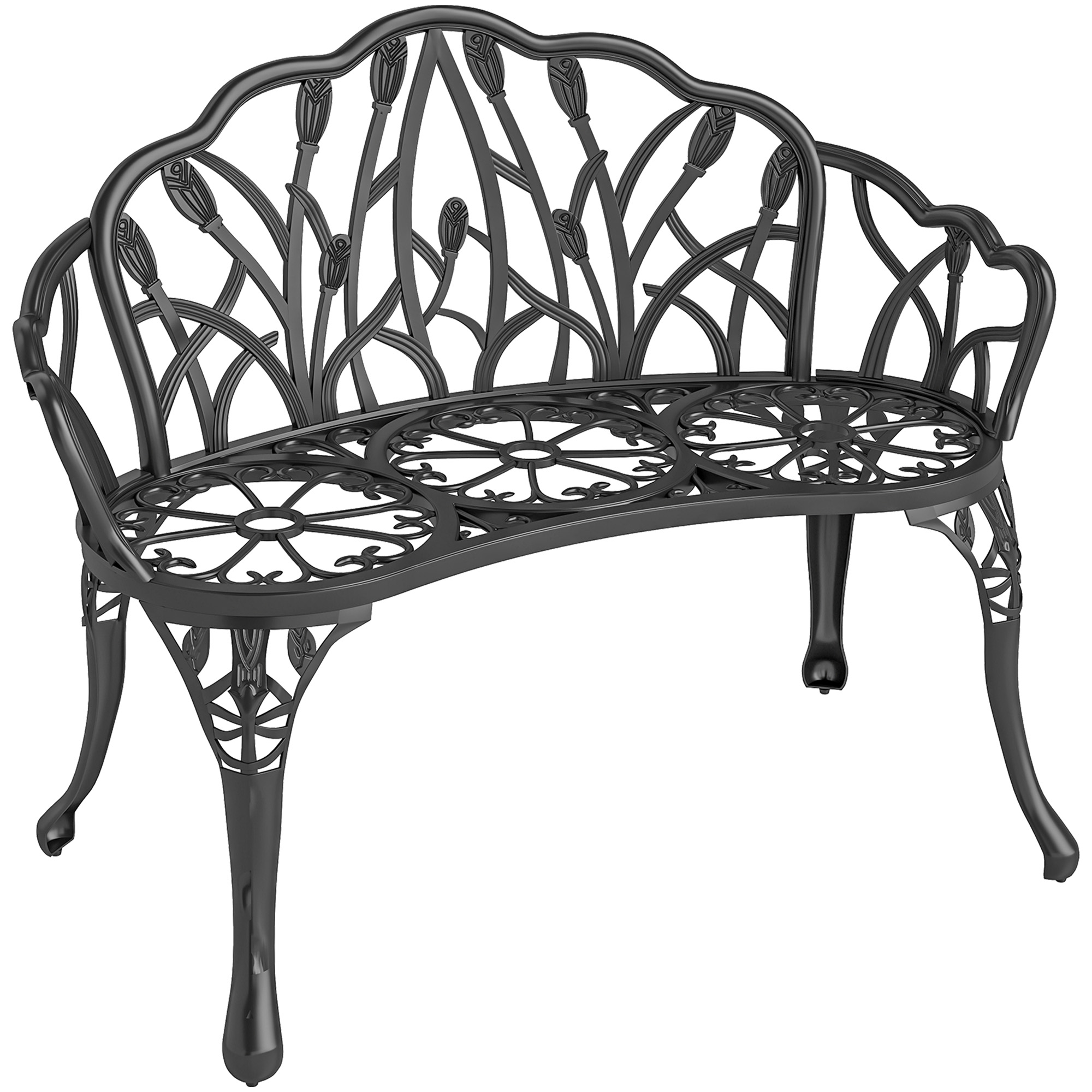 Gartenbank 2-Sitzer Gussaluminium wetterfest Outdoor Sitzbank mit Tulpen-Rückenlehne Blumenmotiv 99 x 57 x 78 cm