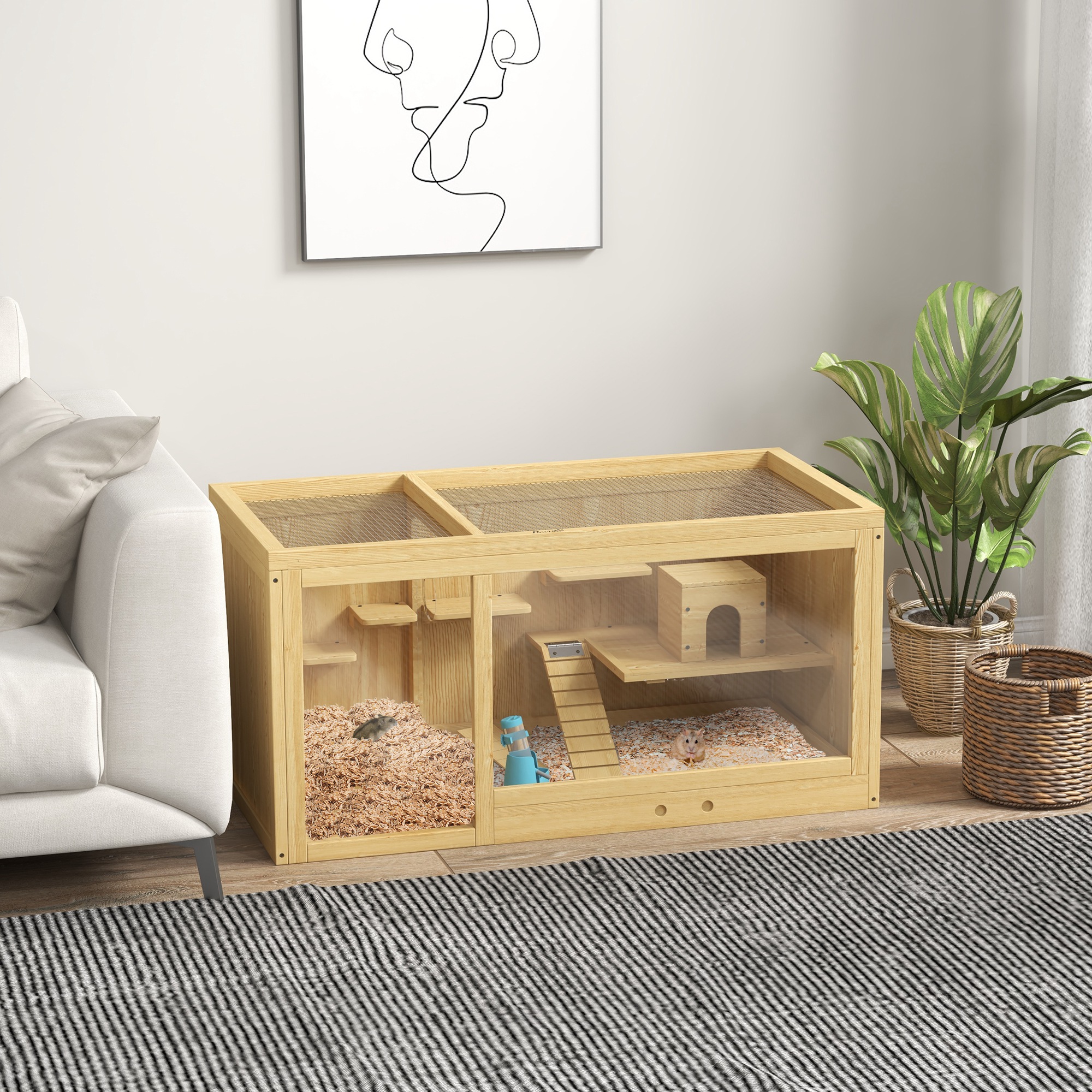 PawHut knaagdierkooi, ruime sparrenhouten constructie, inclusief accessoires en drinkfles, 100 x 50 x 50 cm, natuurlijk | Aosom.nl