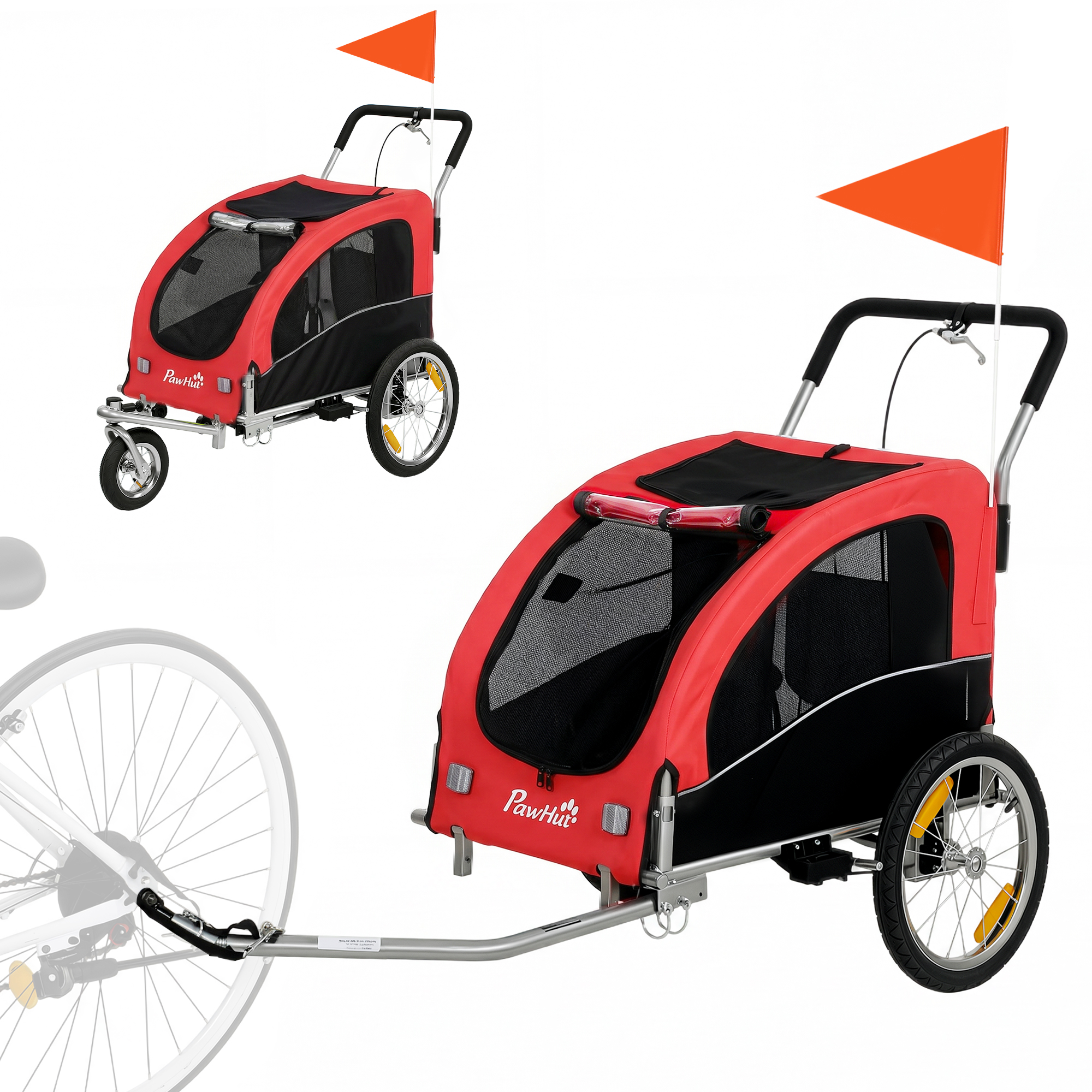 PawHut 2-in-1 Hundeanhänger für Fahrrad & Jogger Hundebuggy für kleine & mittelgroße Hunde bis 20 kg Faltbarer Fahrradanhänger mit 600D Oxford, Reflektoren, Handbremse, Universelle Kupplung, Rot   Aosom von PawHut