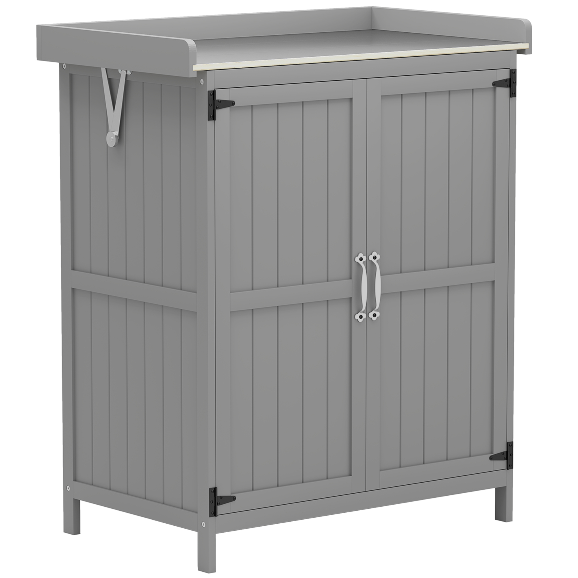 Outsunny Gartenschrank Holz, Geräteschuppen wetterfest 74x43x88cm, Gerätehaus mit Klappdach Ablagen, Arbeitsfläche, Geräteschrank, Gartenhaus Werkzeugschrank Gartenschuppen für Garten, Terrasse, Grau Aosom