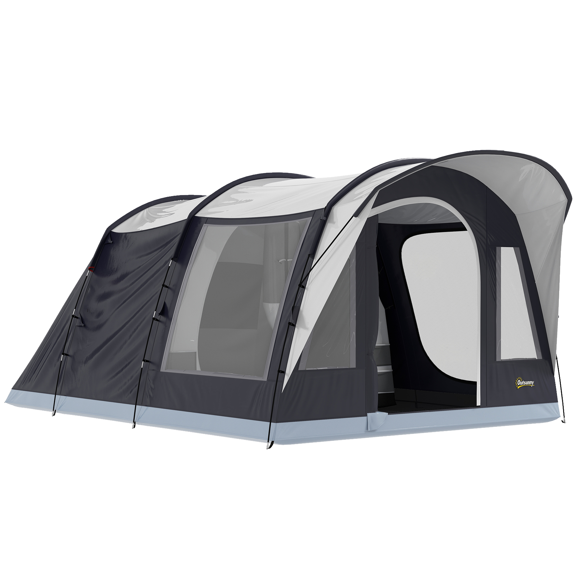 Outsunny Cort de Camping Tunel pentru 2-4 Persoane Înălțime 213cm cu 2 Camere Cort Familial Impermeabil 3000mm cu Verandă Ferestre Buzunare Cârlig și Geantă de Transport Bleumarin | Aosom Romania
